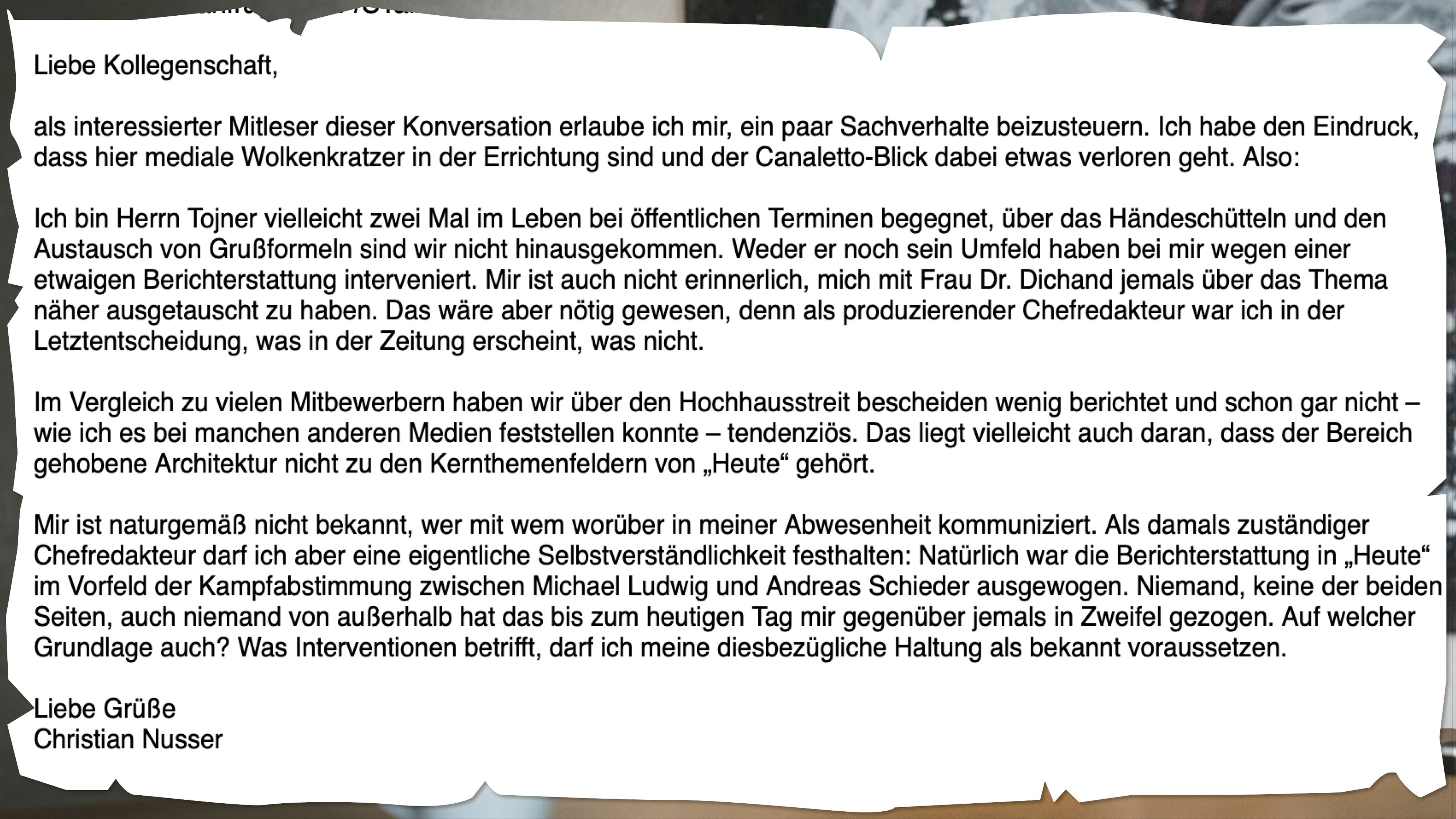 Die Antwort Christian Nussers auf die Anfrage von ORF, "Standard" und "Dunkelkammer". Sie fiel in der Berichterstattung unter den Tisch.