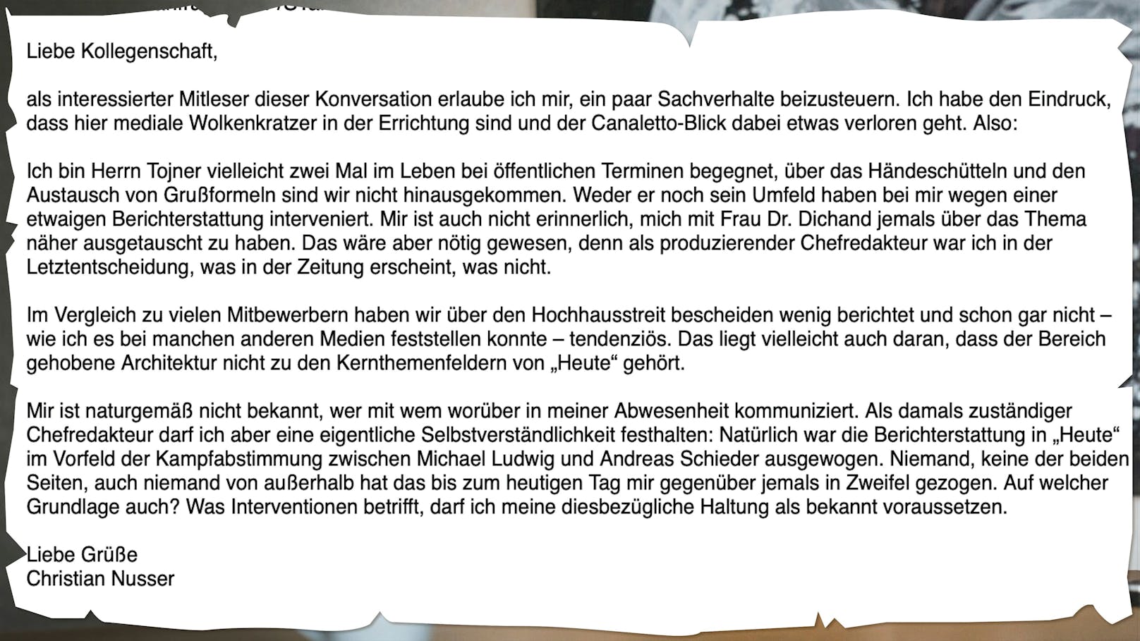 Die Antwort Christian Nussers auf die Anfrage von ORF, "Standard" und "Dunkelkammer". Sie fiel in der Berichterstattung unter den Tisch.