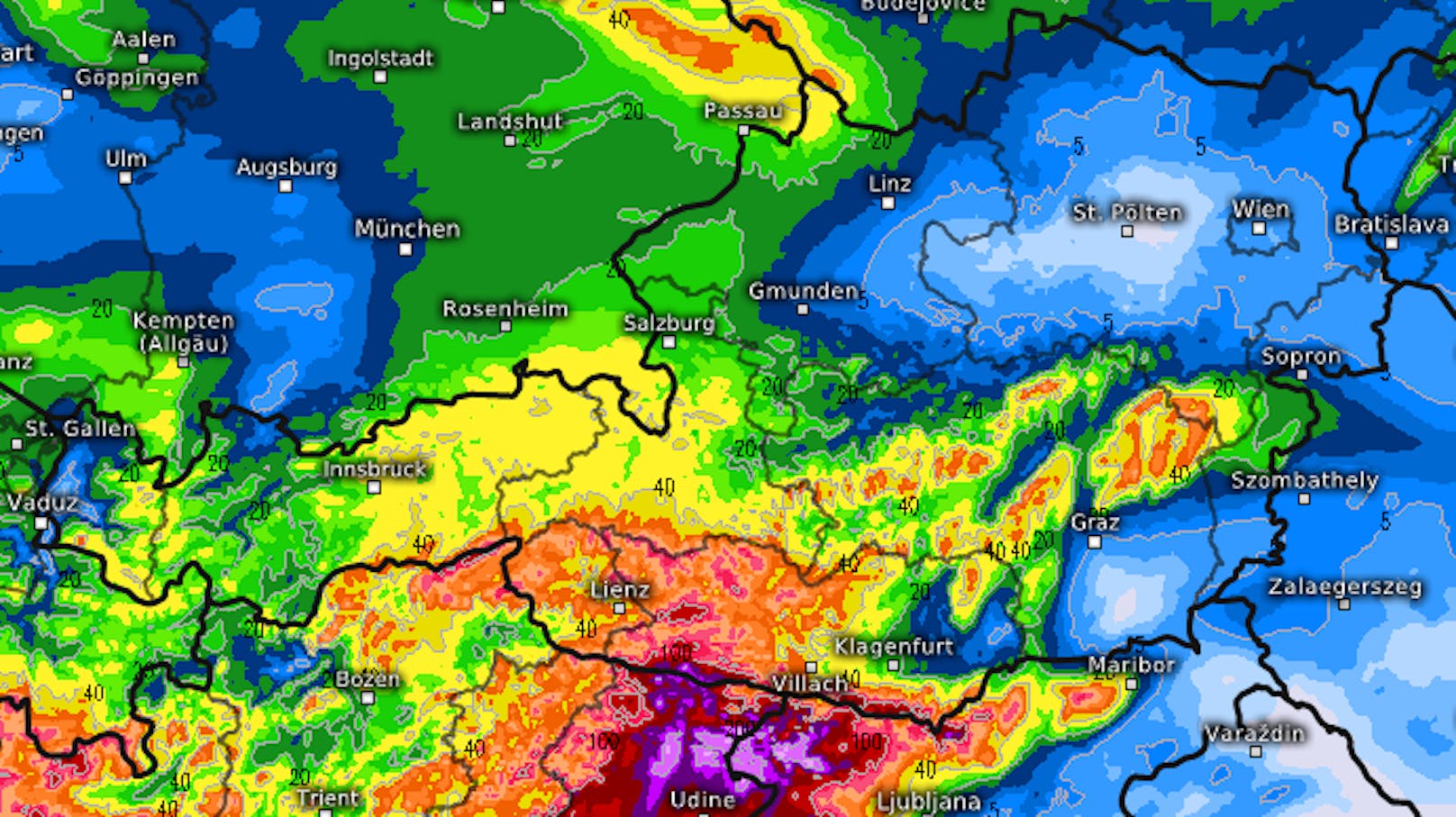 Prognose: Akkumulierte Niederschlagsmengen zwischen Mittwoch, 7 Uhr, und Samstag, 6 Uhr.