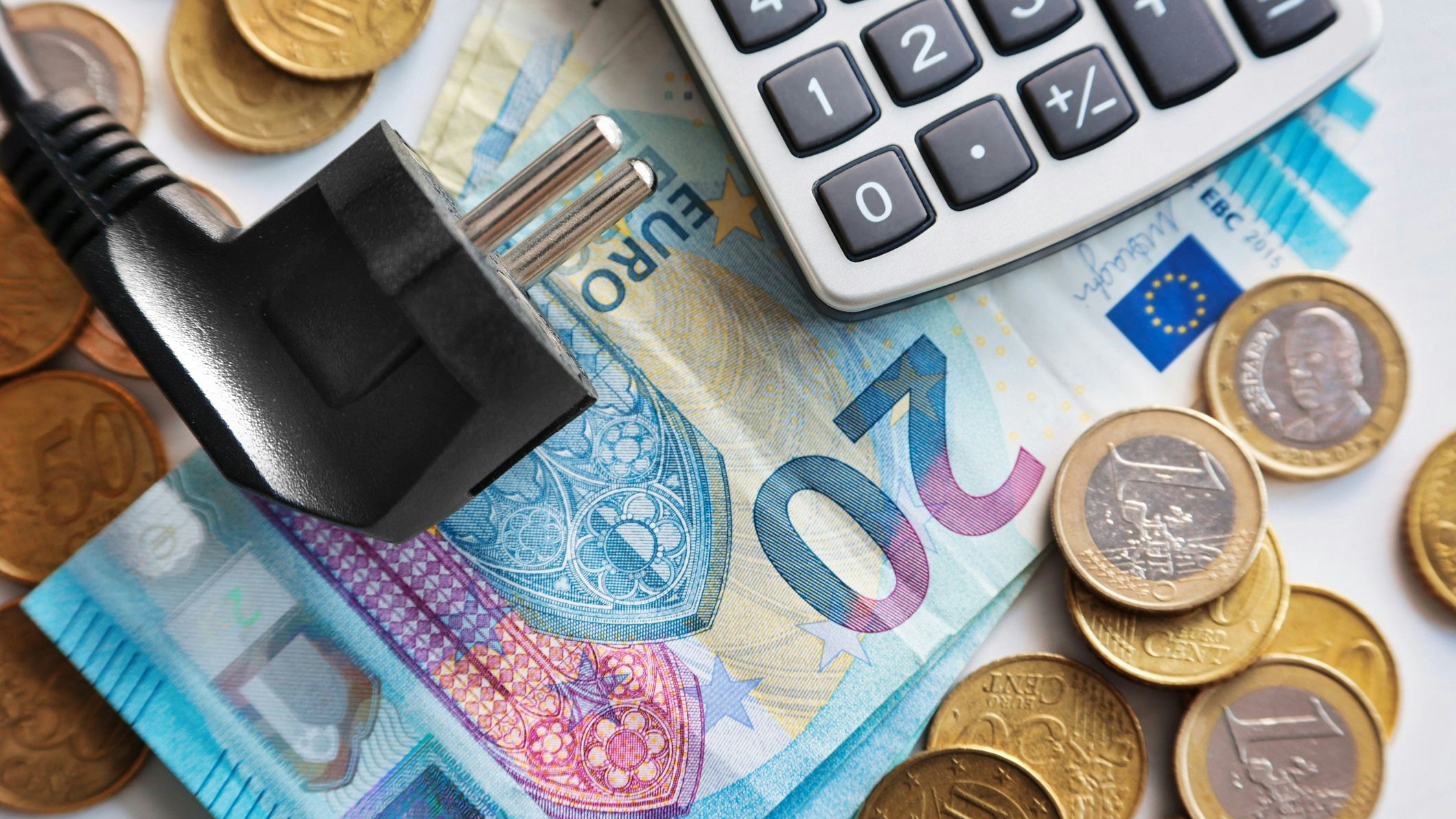 Power cord, calculator and euro banknotes