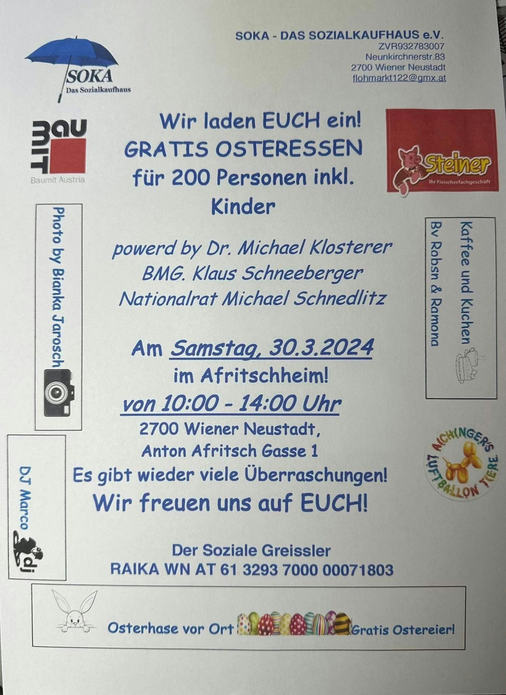 Für 200 Personen mit Kindern gibt es ein gratis Osteressen in Wr. Neustadt.