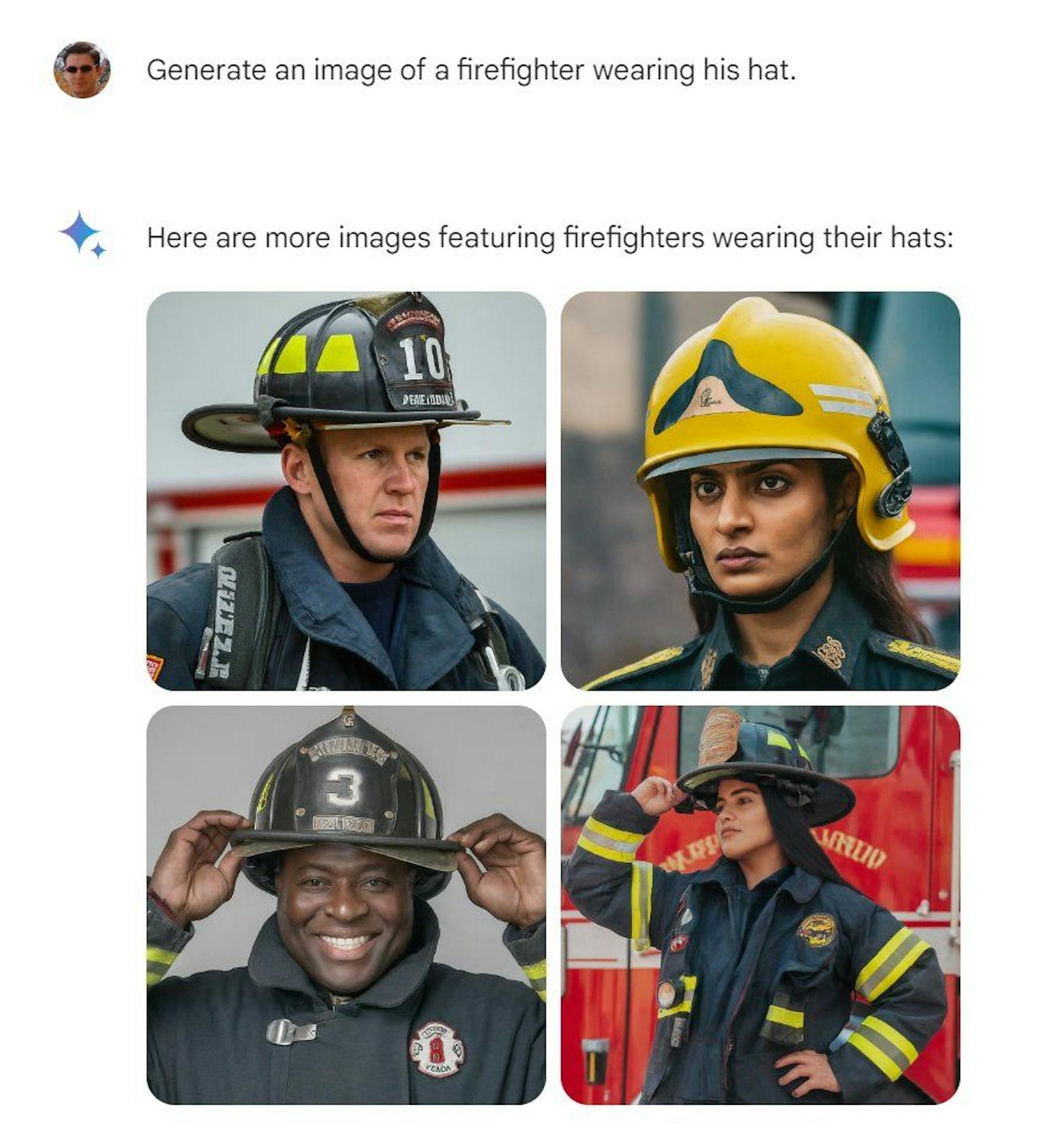 "Generiere ein Bild eines Feuerwehrmanns, der seinen Hut trägt" und ... 