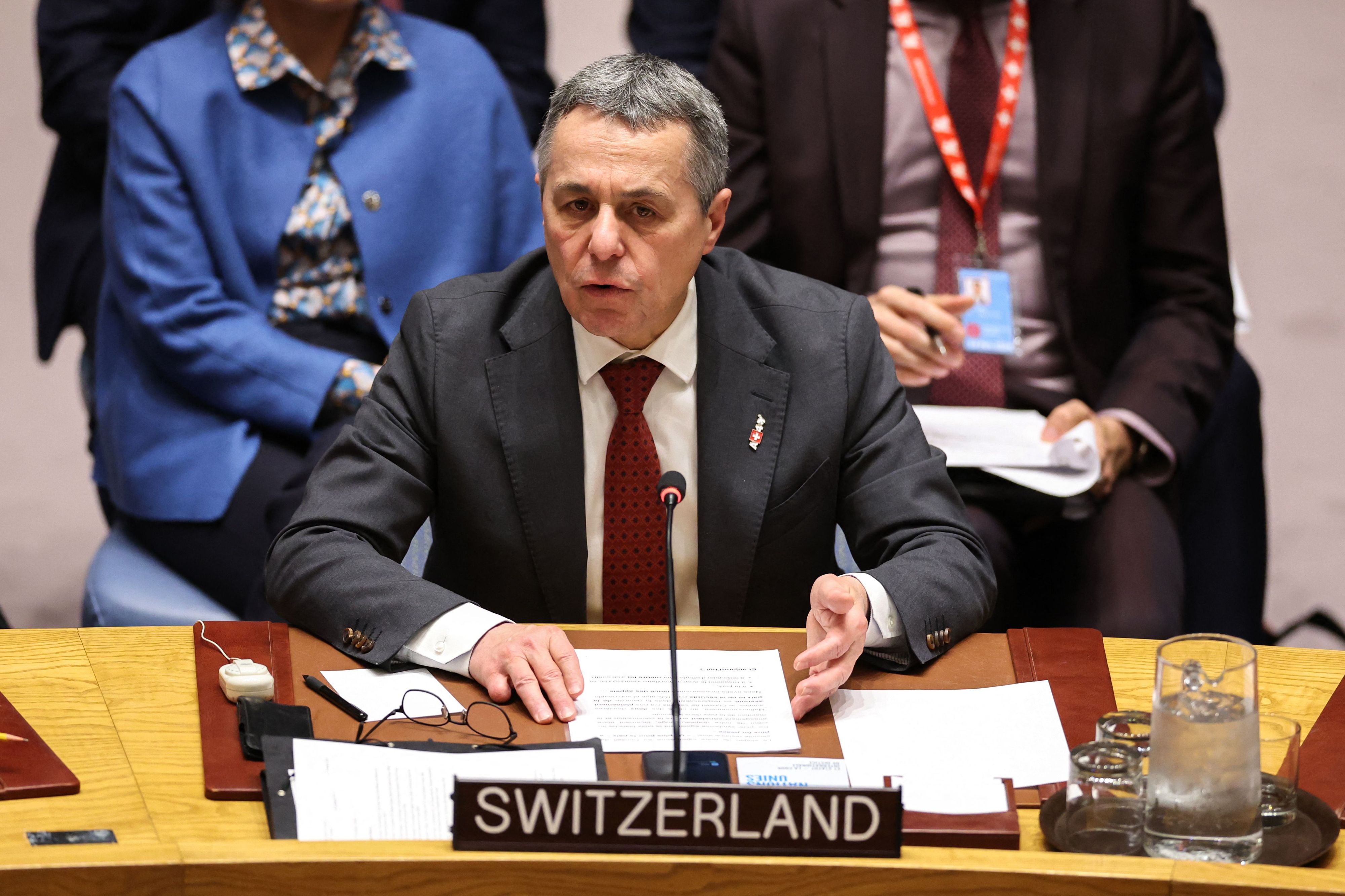 Der Schweizer Außenminister Ignazio Cassis spricht vor den Vereinten Nationen in New York über die bevorstehende Friedenskonferenz.