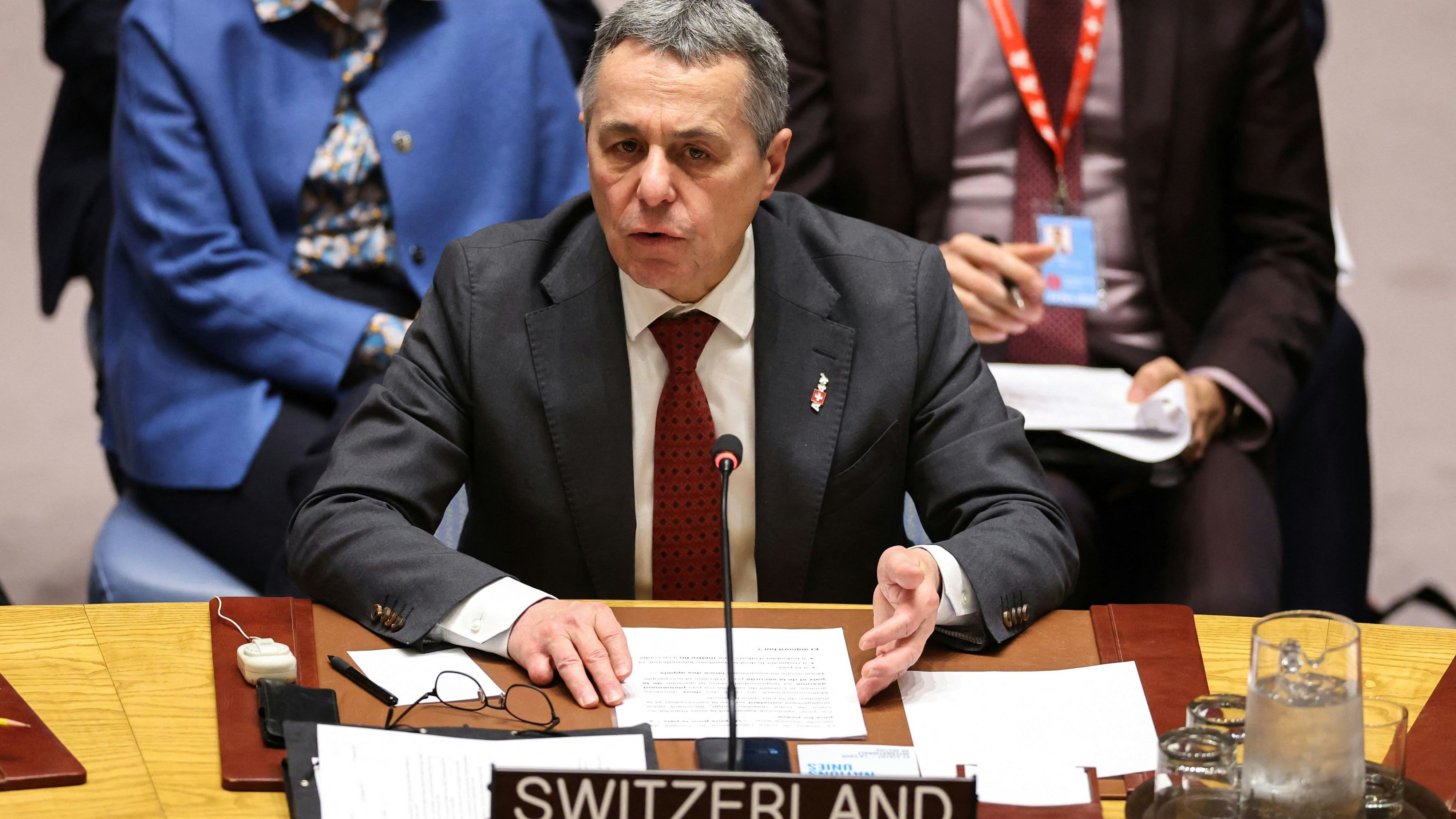 Der Schweizer Außenminister Ignazio Cassis spricht vor den Vereinten Nationen in New York über die bevorstehende Friedenskonferenz.