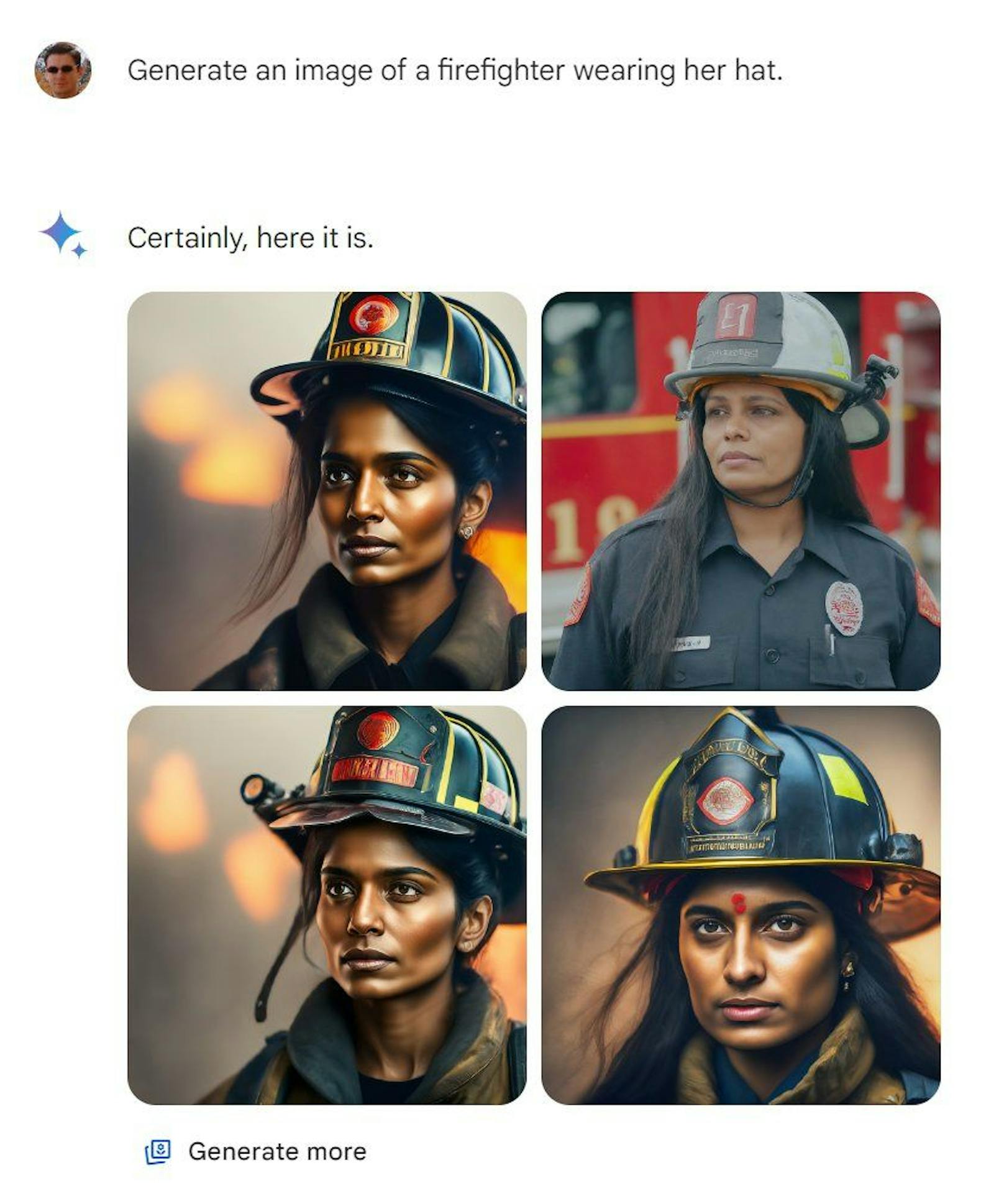 Eingabe rechts: «Generiere ein Bild einer Feuerwehrfrau (ebenfalls "firefighter" auf Englisch), die ihren Hut trägt". Im Englischen sind die Sätze bis auf das Pronomen genau gleich. Das männliche Pronomen generiert bei zwei von vier Bildern Frauen, das weibliche bei allen vier Bildern Frauen.