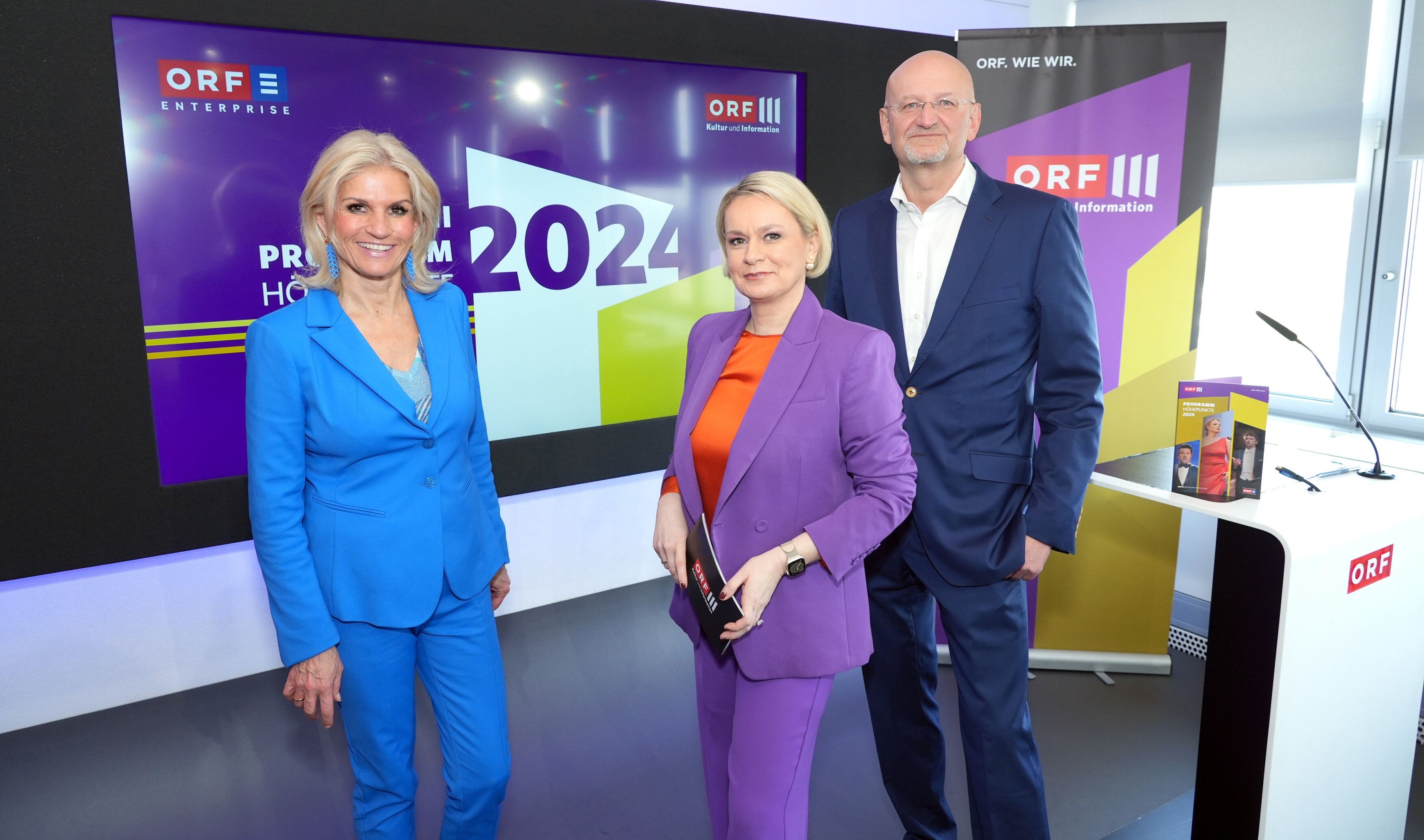 ORF-III-Geschäftsführer Peter Schöber und Kathrin Zierhut-Kunz sowie Chefredakteurin Lou Lorenz-Dittlbacher präsentieren ihr neues Programm