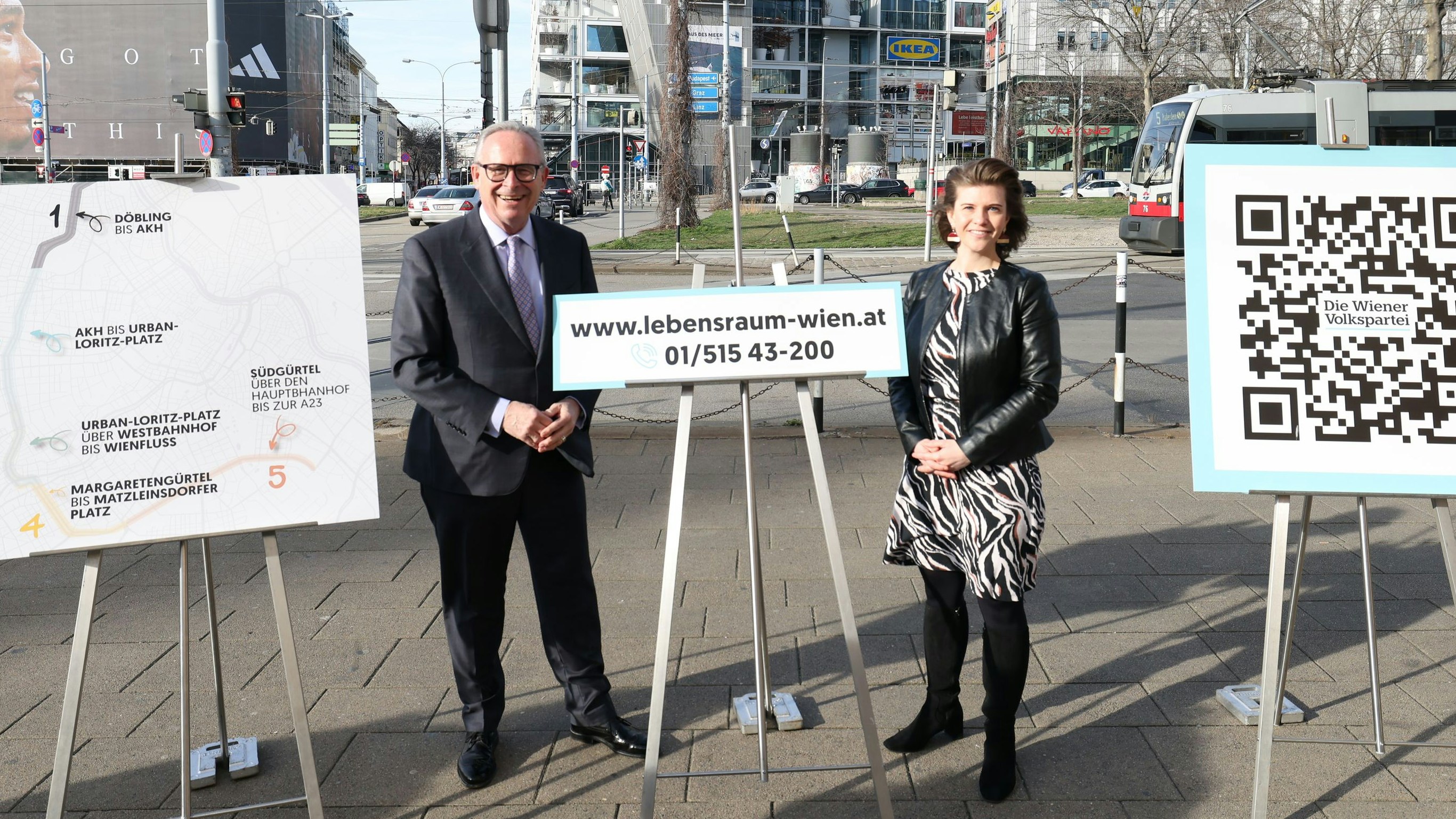 ÖVP Wien-Landesparteiobmann Karl Mahrer und Planungssprecherin Elisabeth Olischar gaben den Startschuss für die Bürgerbeteiligung zur Gürtel-Neugestaltung. 