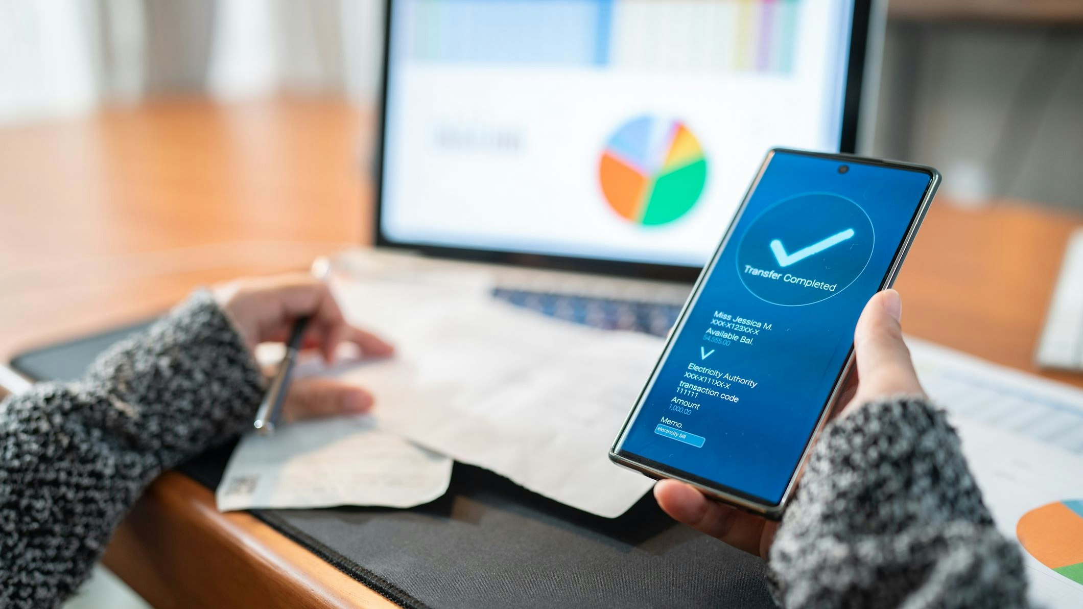 Woman Using banking app on the smartphone pay utility  bill,  personal finance  at home, financial Technology  in real life , New normal  lifestyle concept