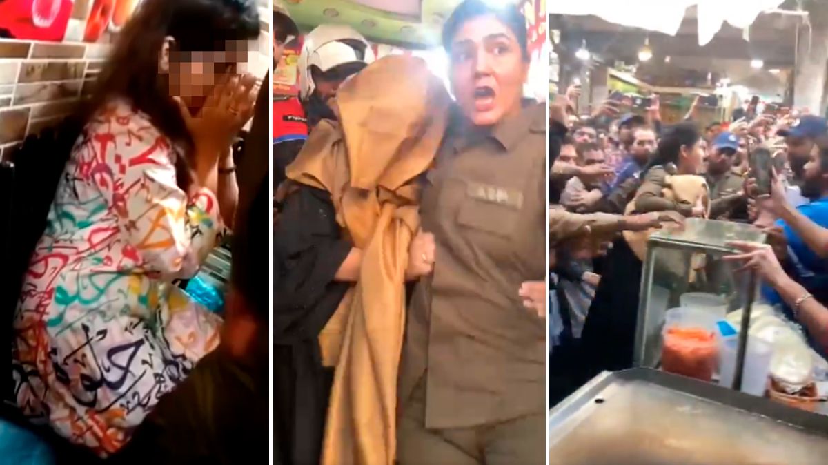 Wegen ihres bedruckten Kleides wurde eine Frau in Lahore zum Opfer eines Wut-Mobs. Nur die Polizei konnte sie retten.