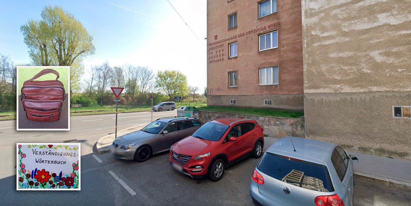Ein Wiener wurde beim Handelskai bestohlen, als er seiner Frau aus dem Rollstuhl ins Auto half. In der gestohlenen Tasche (o.) befand sich ein wichtiges Buch (u.), mit dem sie sich verständigen konnte.