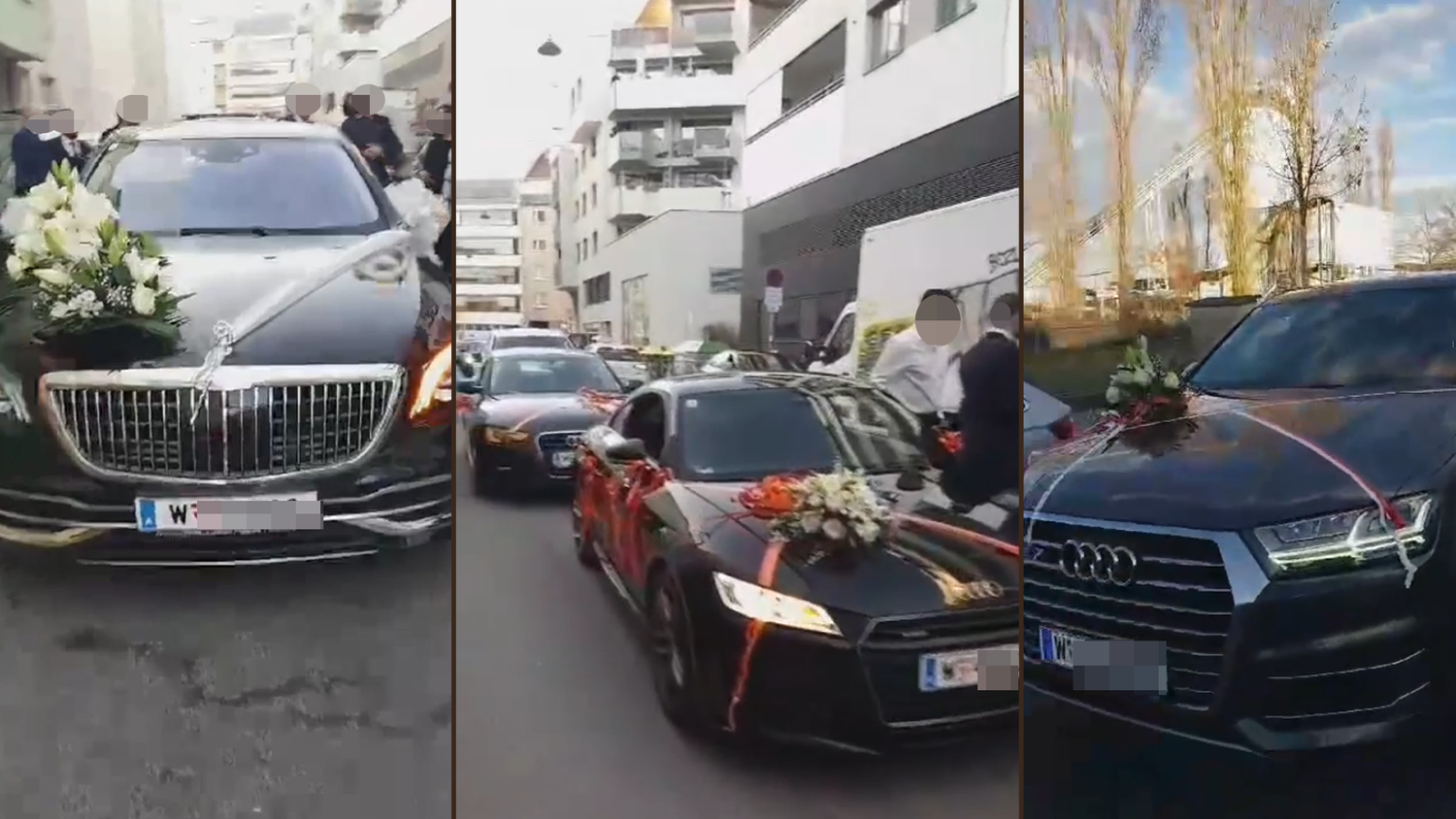 Prunkvolle Autos in der Donaustadt machten am Sonntag durch lautes Gehupe auf sich aufmerksam. Die Menschenmenge feierte eine Hochzeit.