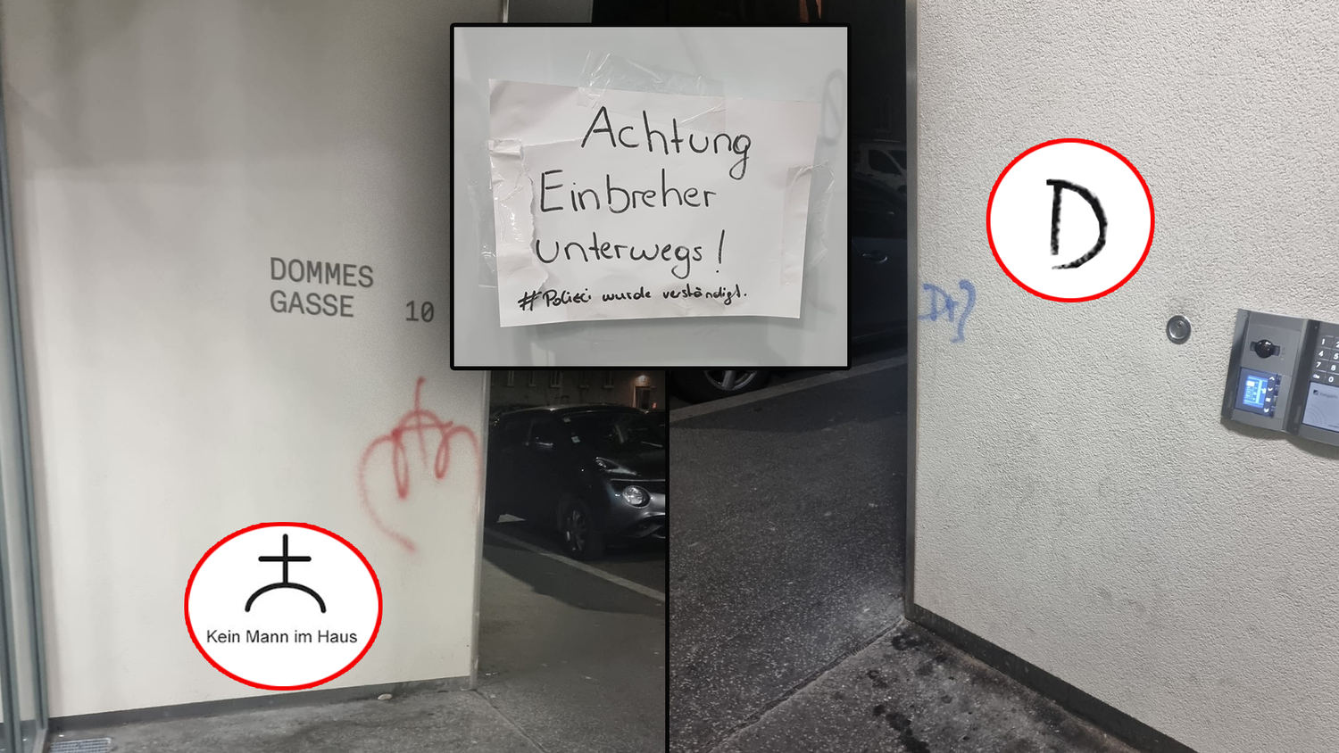 In Wien-Simmering sorgen derzeit an eine Hauswand angebrachte Zeichen für Aufregung. Am Eingang ist eine Warnung angebracht.