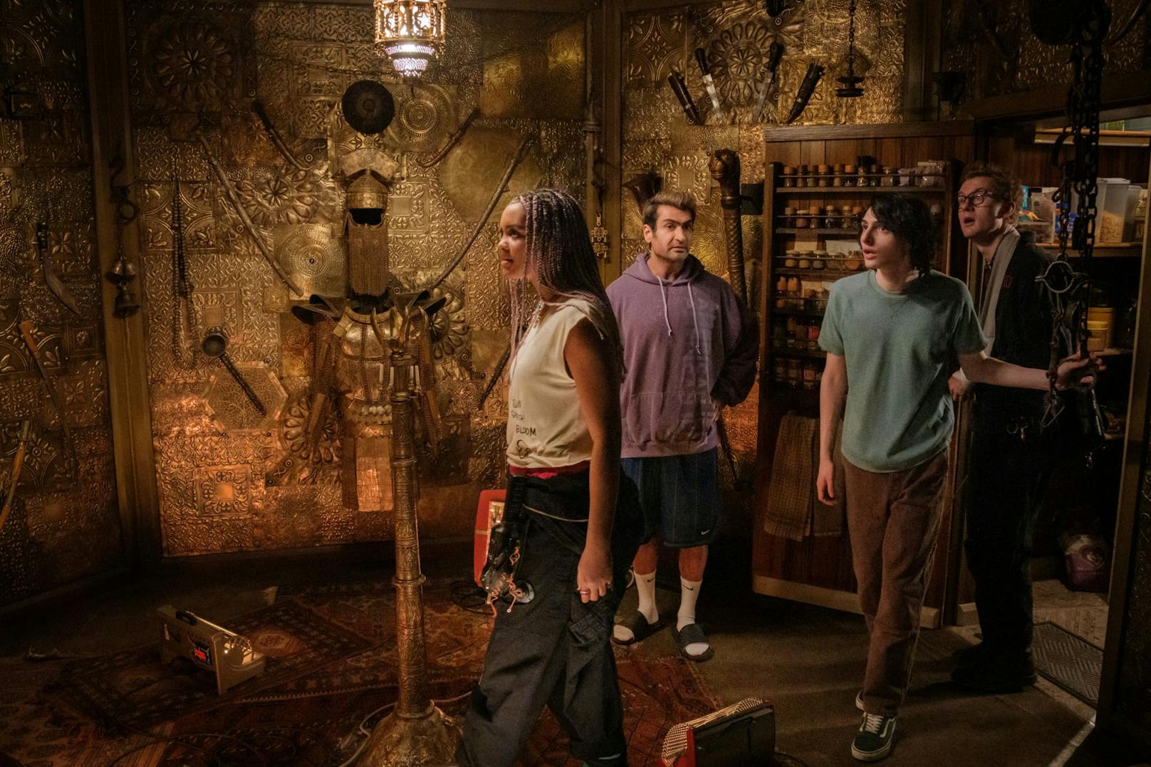 Lucky (Celeste O’Connor), Nadeem Razmaadi (Kumail Nanjiani), Trevor (Finn Wolfhard) and Lars Pinfield (James Acaster) in Columbia Pictures’ GHOSTBUSTERS: FROZEN EMPIRE.
