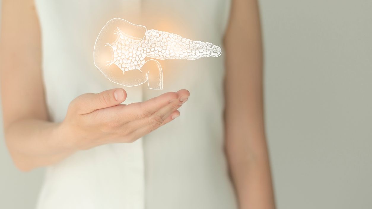 Unrecognizable female patient in white clothes, highlighted handrawn pancreas. Human digestive system issues concept.