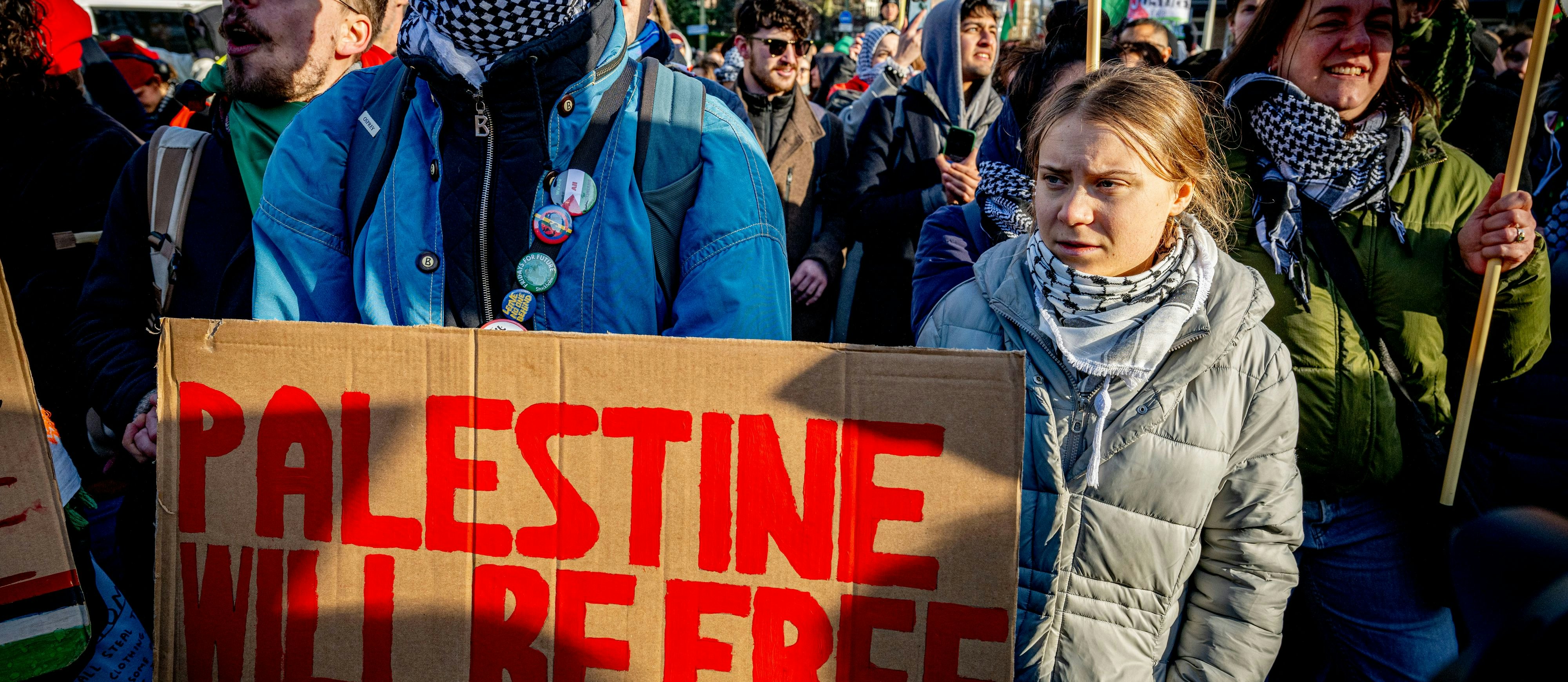 Greta Thunberg auf einer Demo in Den Haag. Die Klima-Aktivistin fiel zuletzt wegen Attacken auf Israel auf