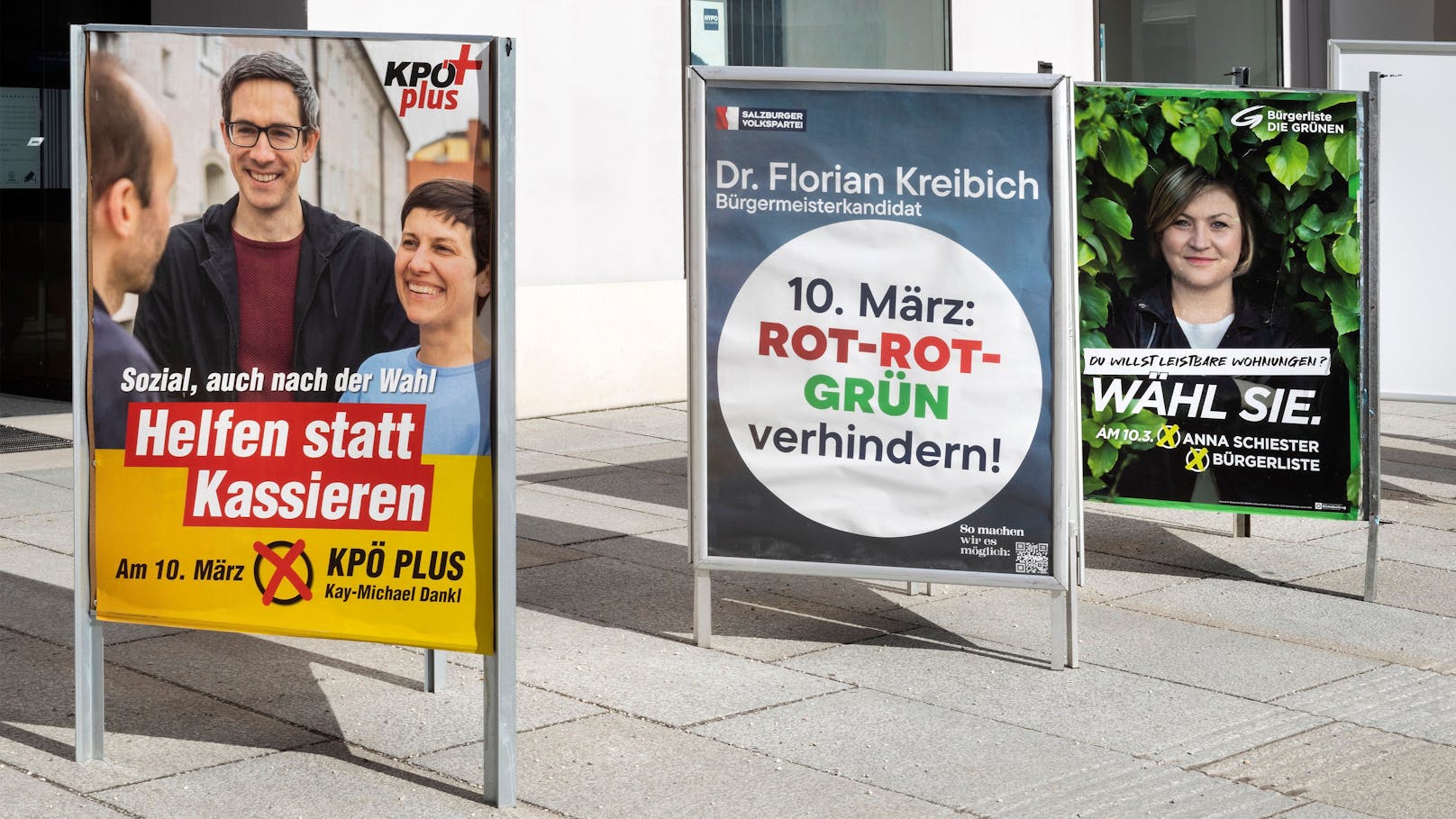 Die Salzbürger dürfen ÖVP, FPÖ, SPÖ, KPÖ, GRÜNE und NEOS sowie MFG und SALZ ihr Stimme geben. Alle Parteien, außer die MFG, stellen auch einen Kandidaten für den Bürgermeister.