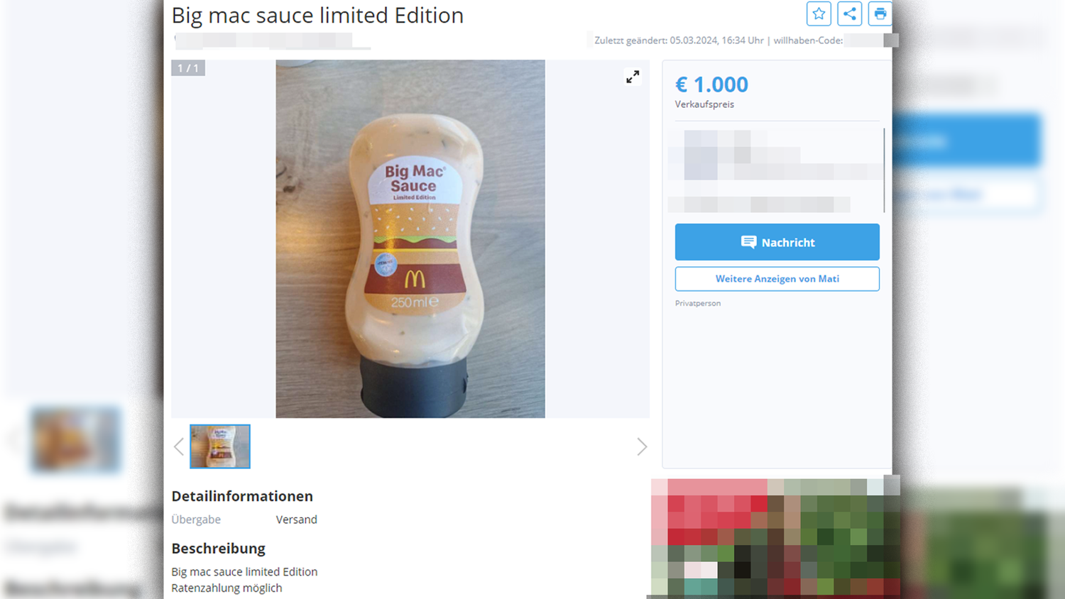 Eine willhaben-Kundin kann es kaum glauben. Ein Unbekannter möchte 1.000 Euro für eine Burger-Sauce haben.