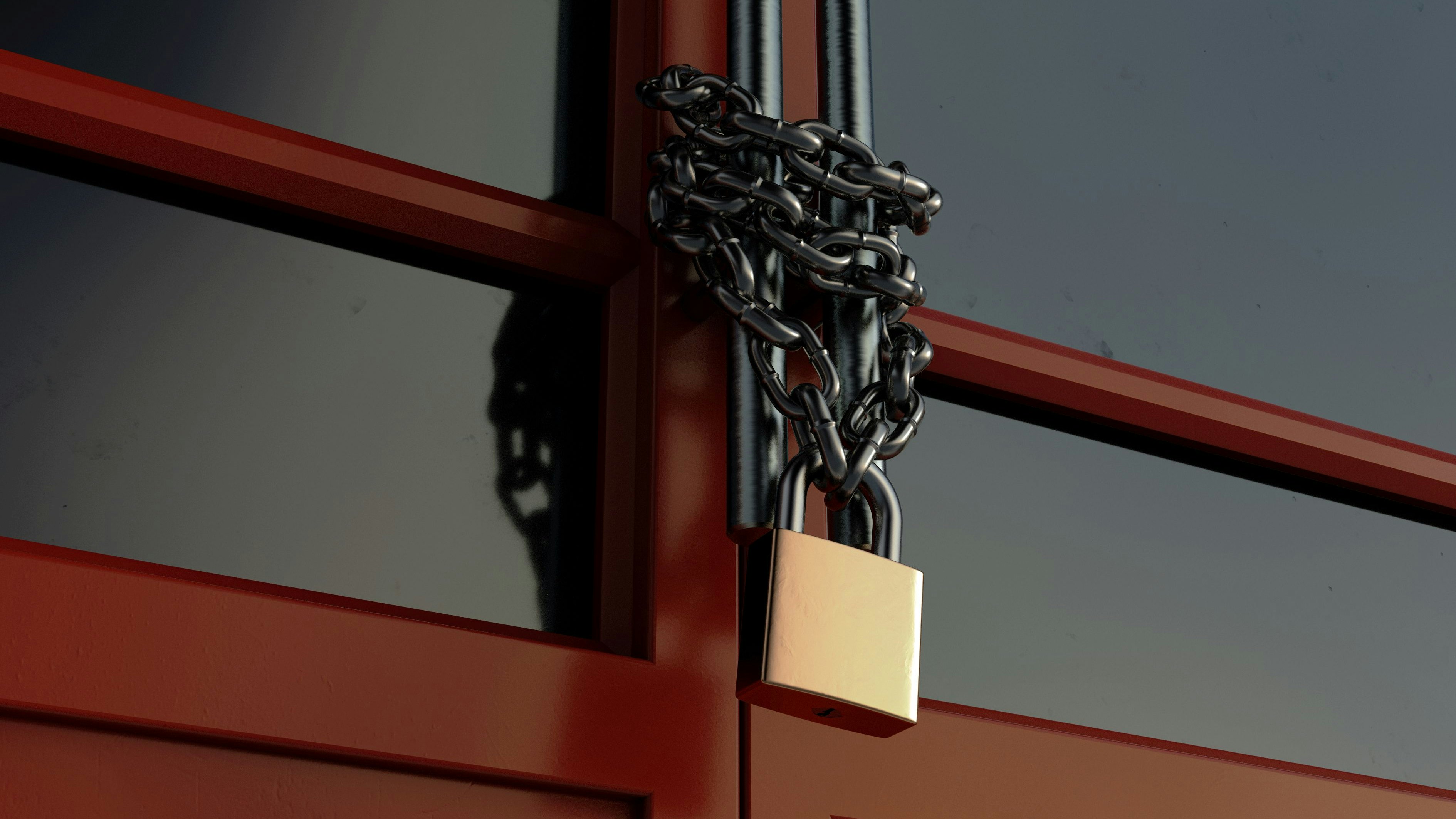 A red generic storefont door chained shut and locked with a chain an padlock - 3D render