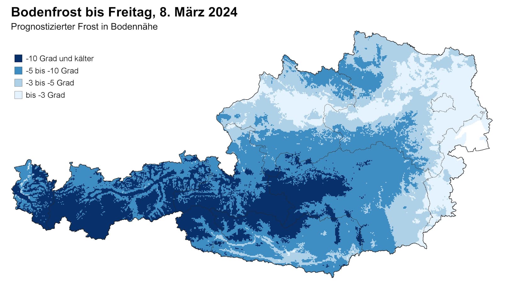 Prognostizierter Frost in Bodennähe bis 8. März 2024.