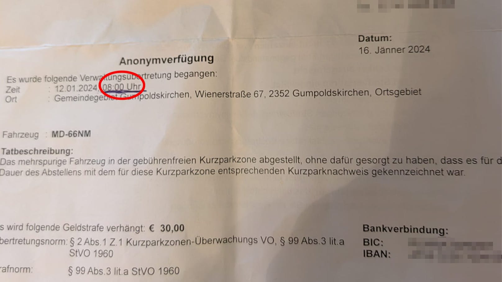 In dem Schreiben ist zu sehen, dass die Strafe um Punkt 8.00 Uhr erfolgte. Der Niederösterreicher hat absolut kein Verständnis dafür.