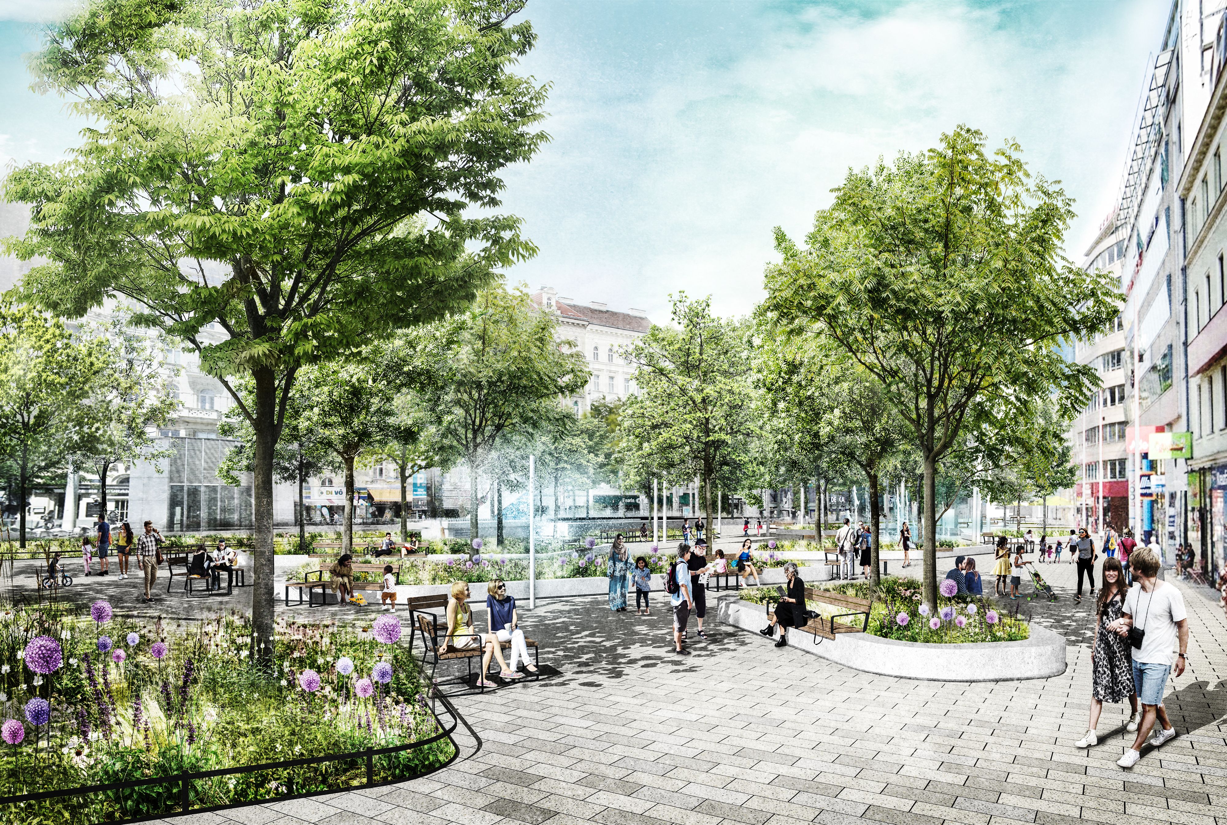 Grün, mit Wasserspielen und hellem Asphalt – so soll der Christian-Broda-Platz in Wien-Mariahilf künftig aussehen.