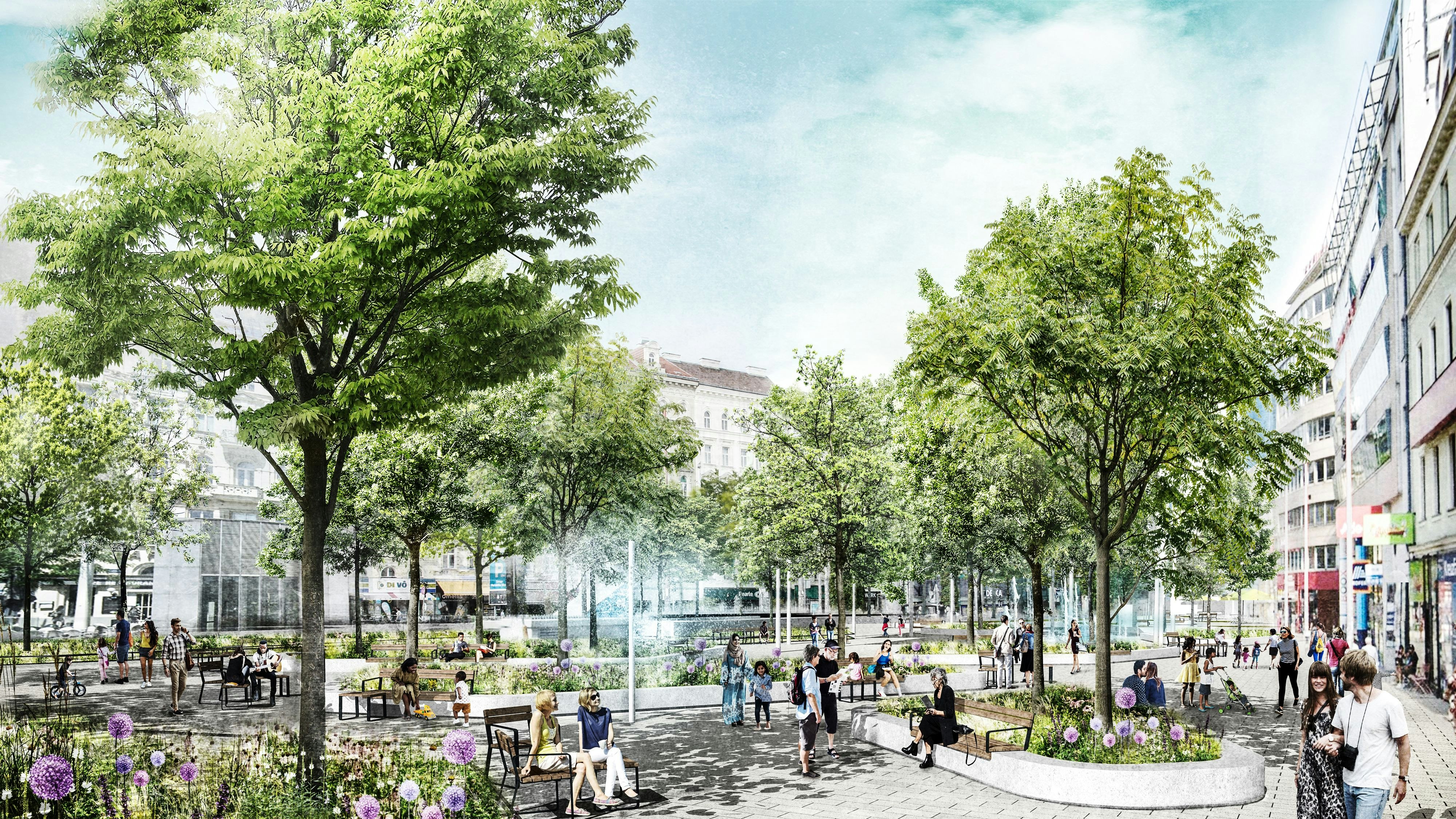 Grün, mit Wasserspielen und hellem Asphalt – so soll der Christian-Broda-Platz in Wien-Mariahilf künftig aussehen.