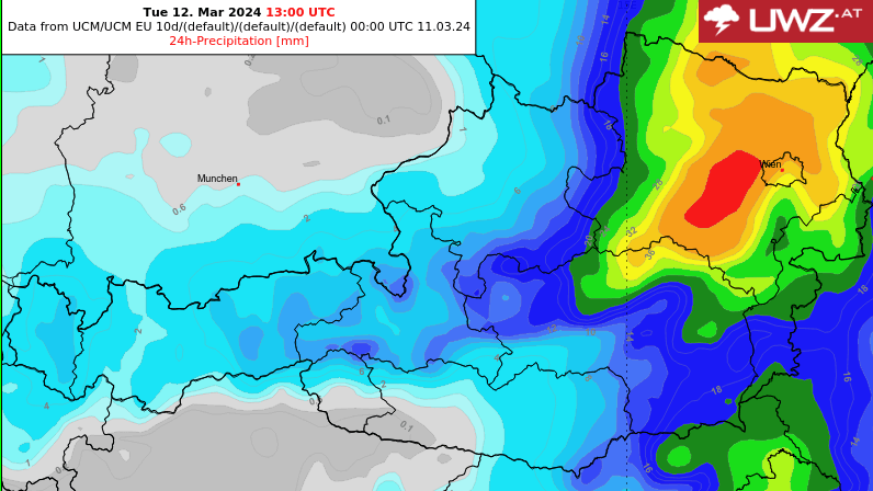 24h-Niederschlagsprognose bis Dienstagnachmittag von UCM.