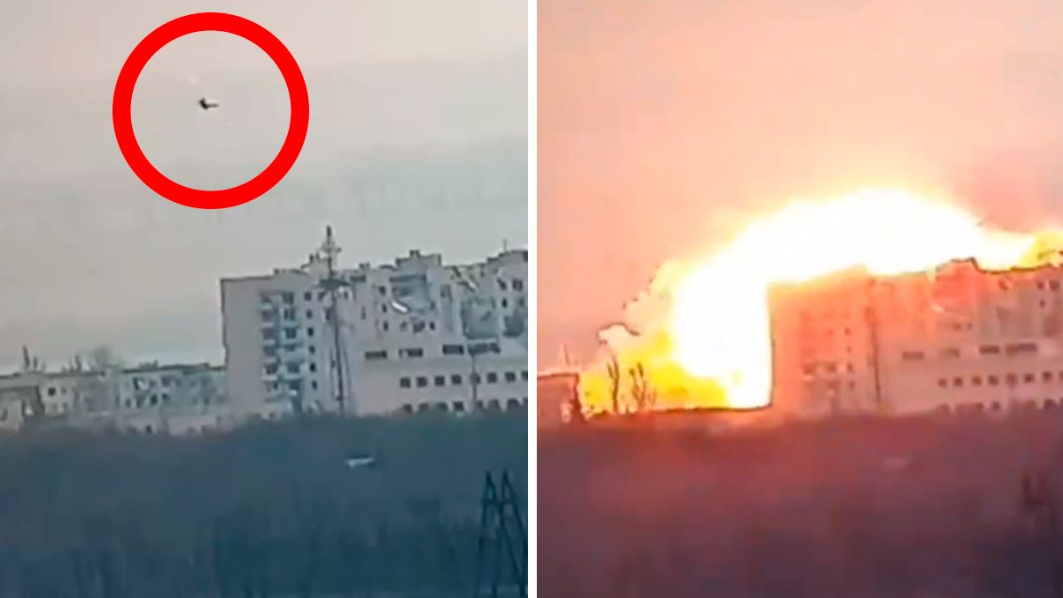 Screenshot eines Videos, das den Einschlag einer russischen FAB-1500 in Krasnogorowka nahe Donezk zeigen soll.