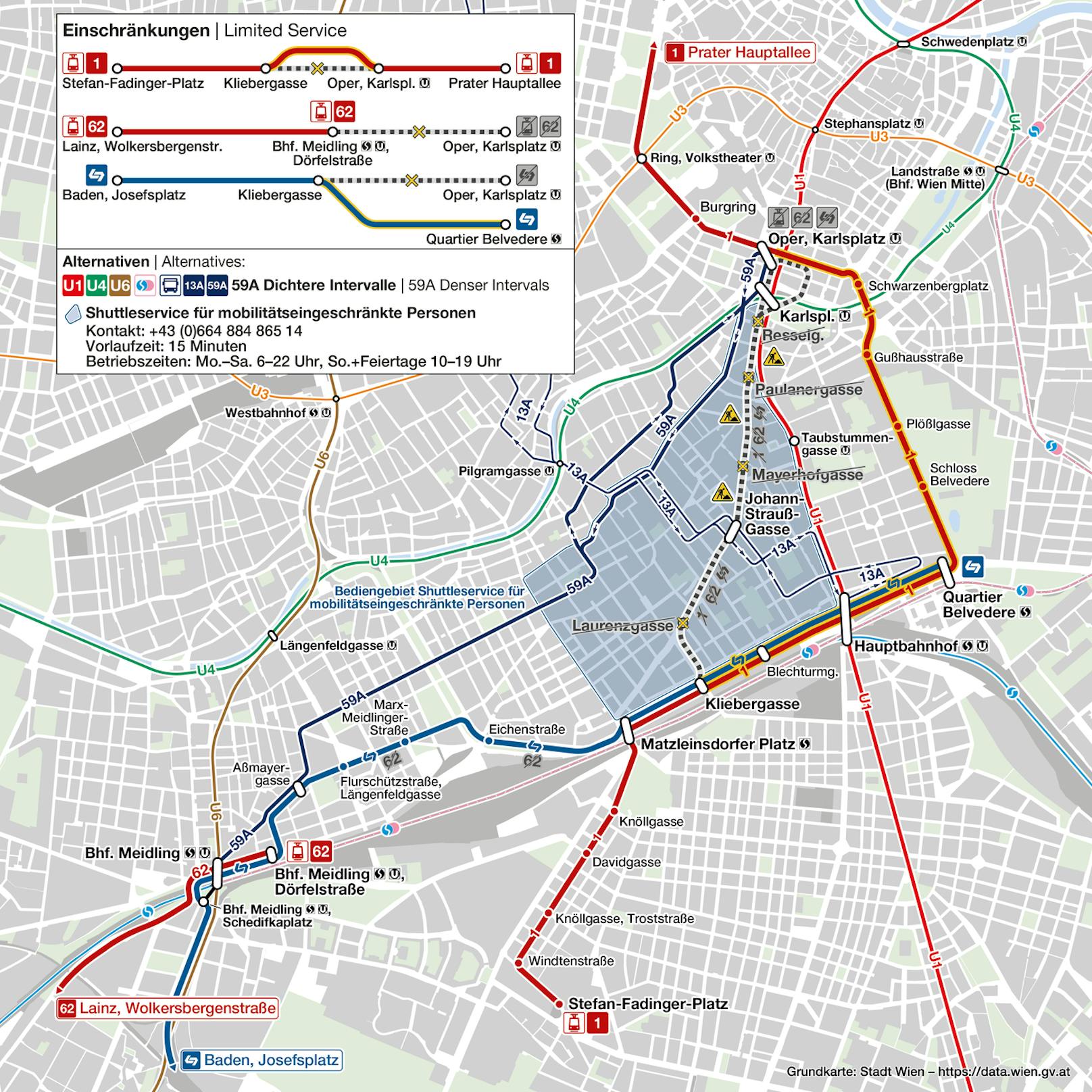 Sperre der Wiedner Hauptstraße und die alternativen Ausweichrouten für Fahrgäste der Wiener Linien