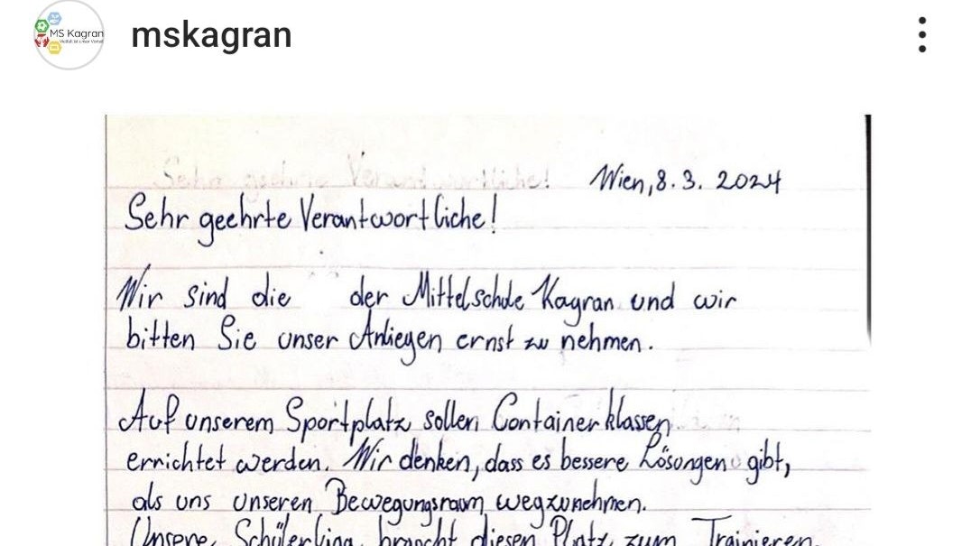 Auch die Schüler der MS Kagran haben einen Brief zum Thema Containerklassen verfasst und darum gebeten, diesen in den Sozialen Medien zu veröffentlichen.