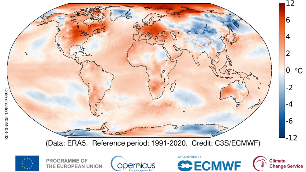 Temperaturabweichungen im Februar 2024