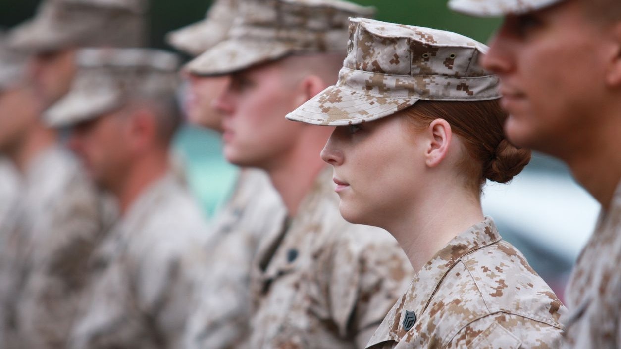Quantico, Virginia, United States - August, 2 2010: Formation of Marines with select focus on the Woman Marine.