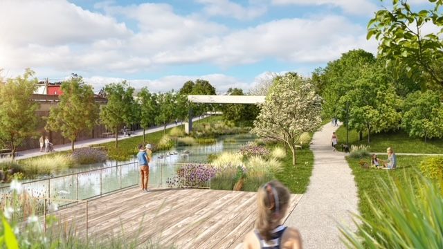Viel Grün und Wasserstellen im Rendering des Tangentenpark an der Ostbahn