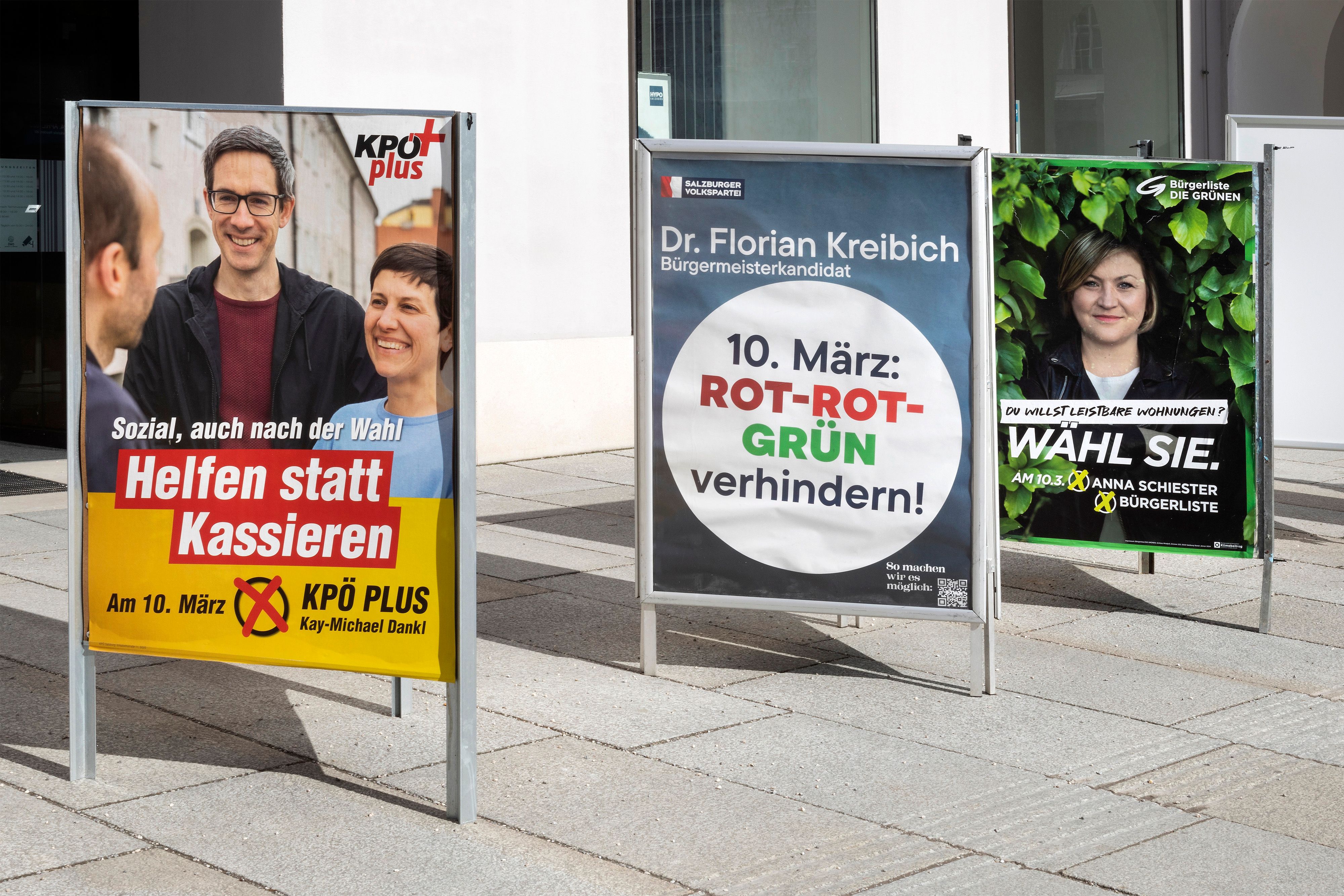 KPÖ, ÖVP und Die Grünen, Wahlplakate für die Gemeinderatswahlen- und Bürgermeisterwahlen der Stadt Salzburg
