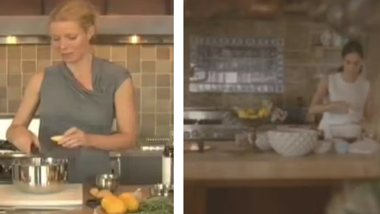 Links sieht man Paltrow mit einem Goop-Video, rechts Meghan mit ihrer Ankündigung.