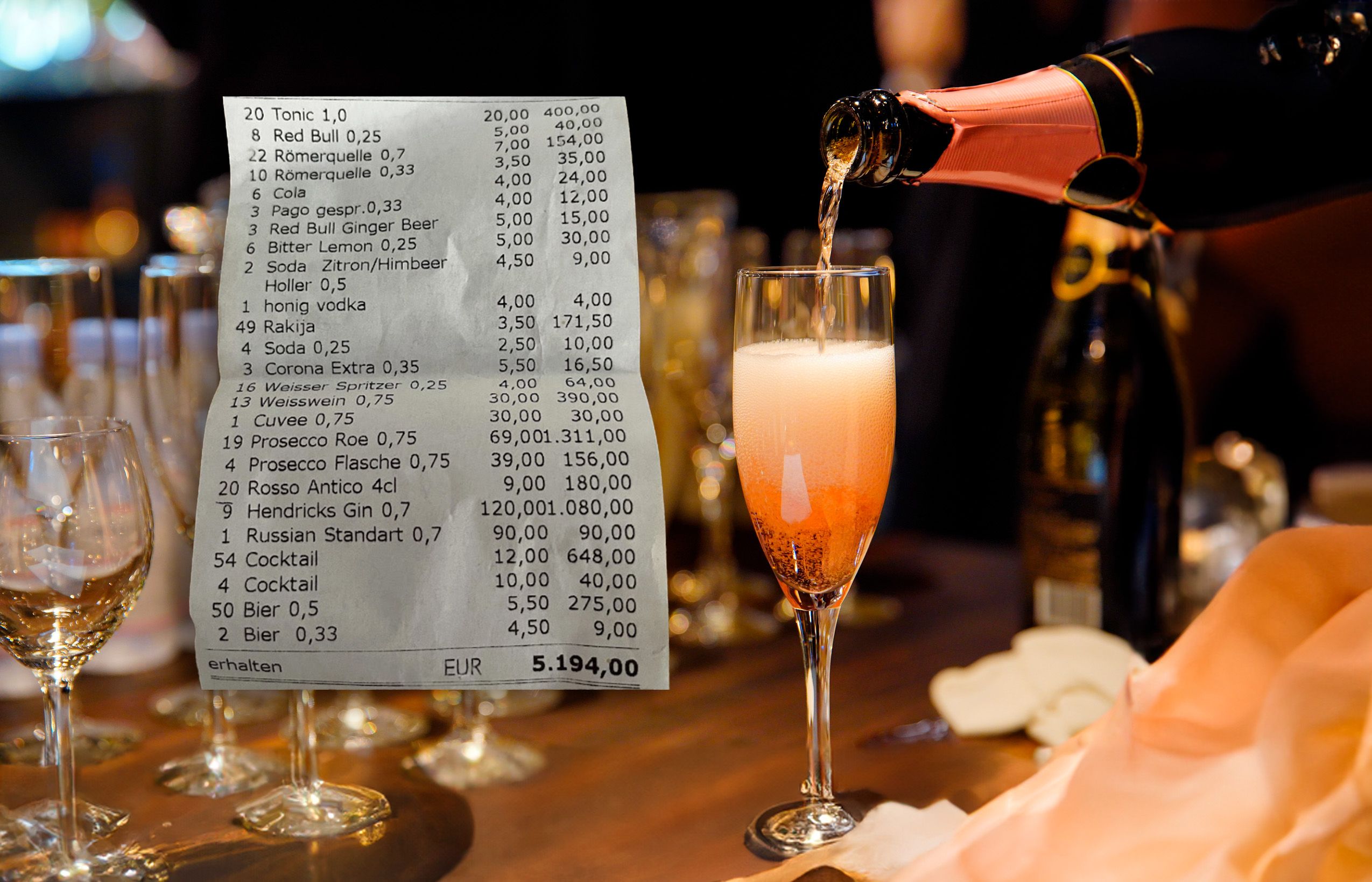 Eine der Teil-Rechnungen, die das Geburtstagskind nach der feuchtfröhlichen Feier reklamierte.