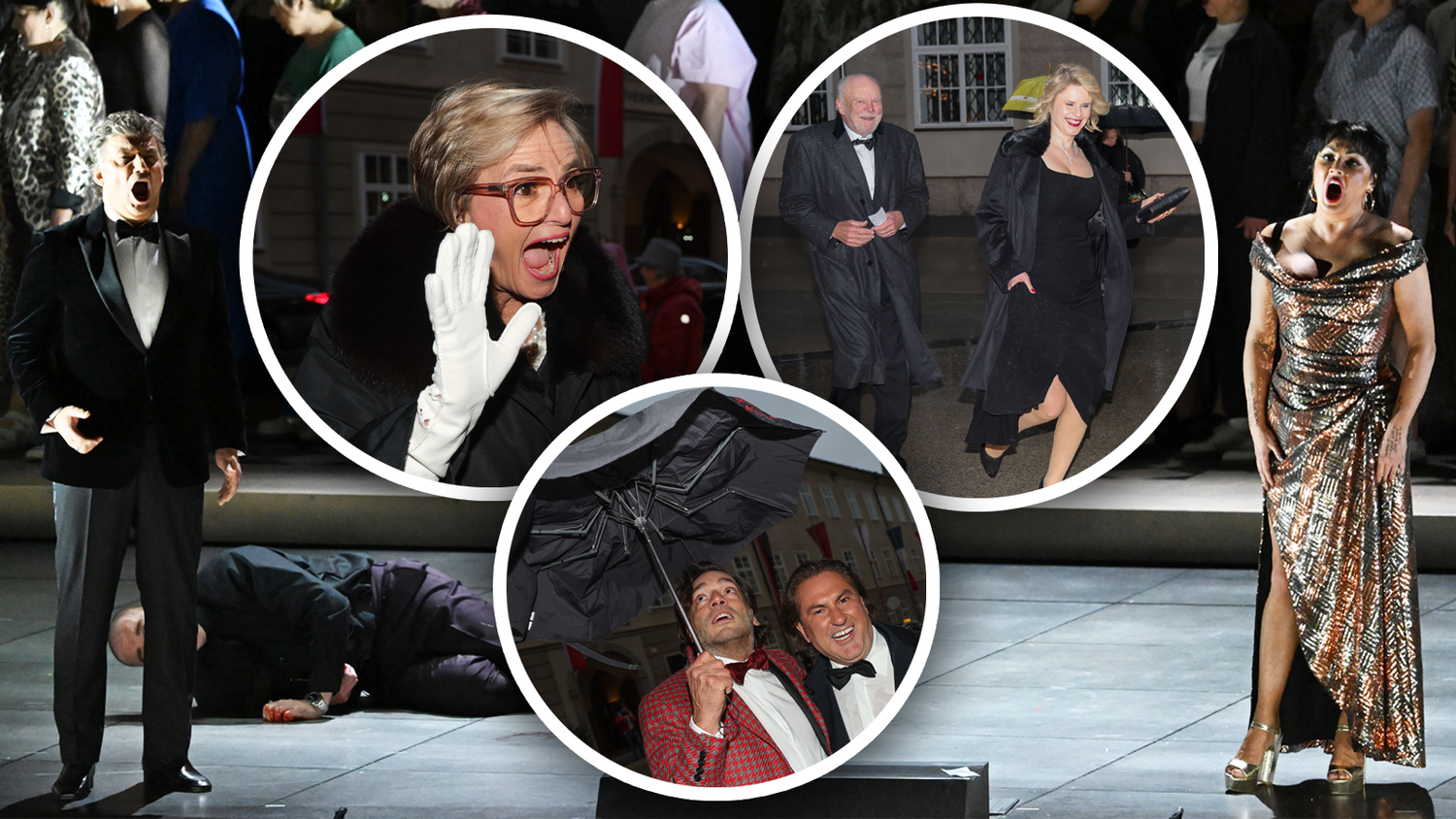 Anna Netrebko und Jonas Kaufmann standen auf der Bühne. Gloria von Thurn und Taxis, Bernd Tewaag und Partnerin Anke Strobach sowie Branko und Peter Buchberger flüchteten vor dem Regen ins Große Festspilehaus.