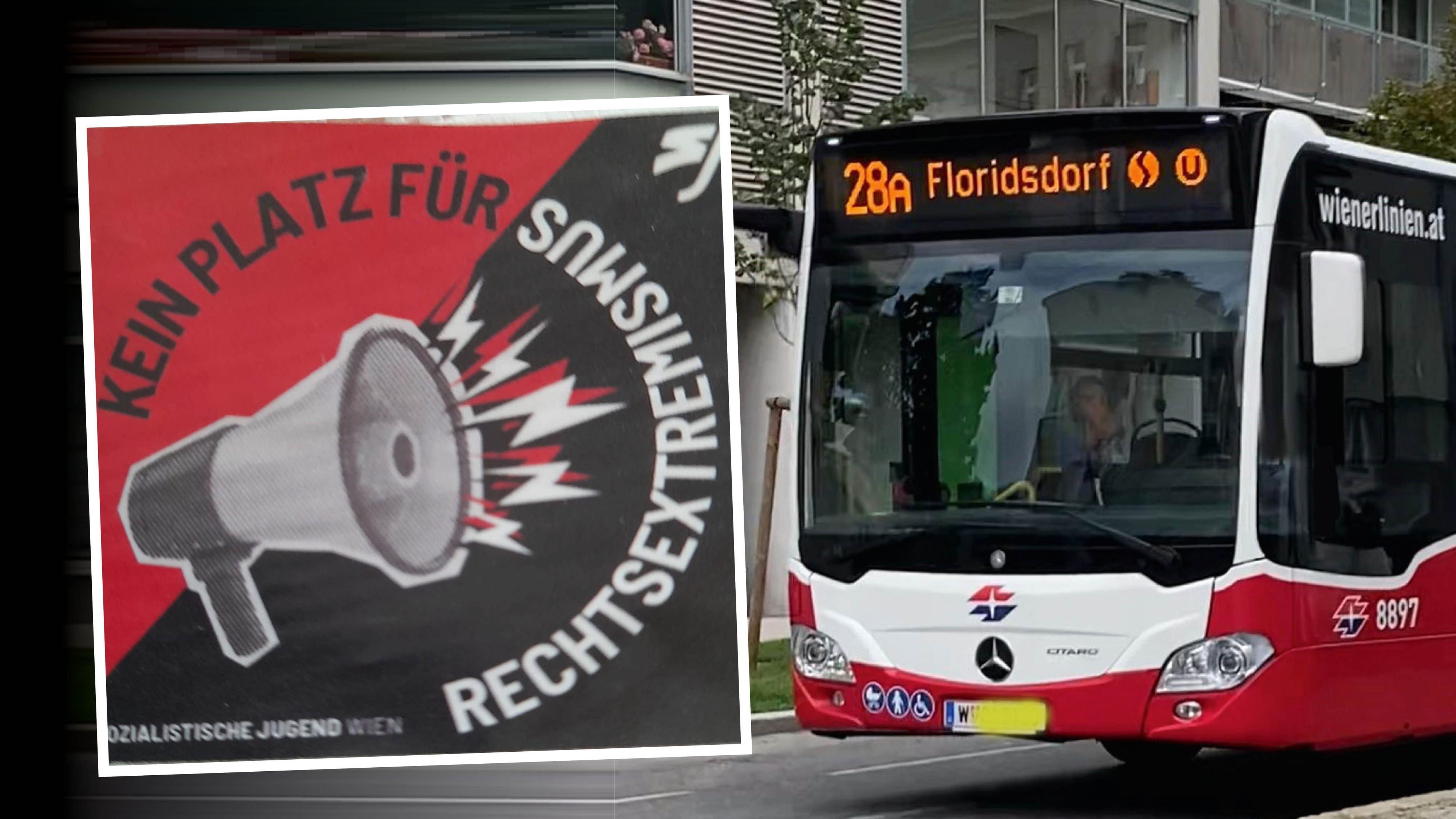 Drei junge Frauen sollen in Wien-Floridsdorf Fahrgäste des 28A mit Stickern der Sozialistischen Jugend beklebt haben.