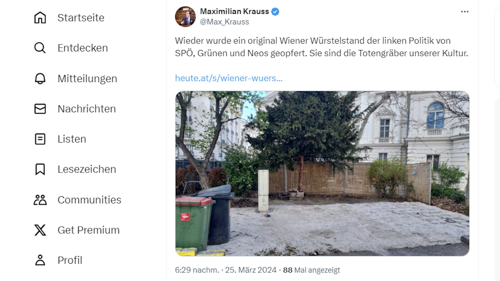 FPÖ-Politiker postete am Montag ein Bild, auf dem der Würstelstand bereits futsch ist.