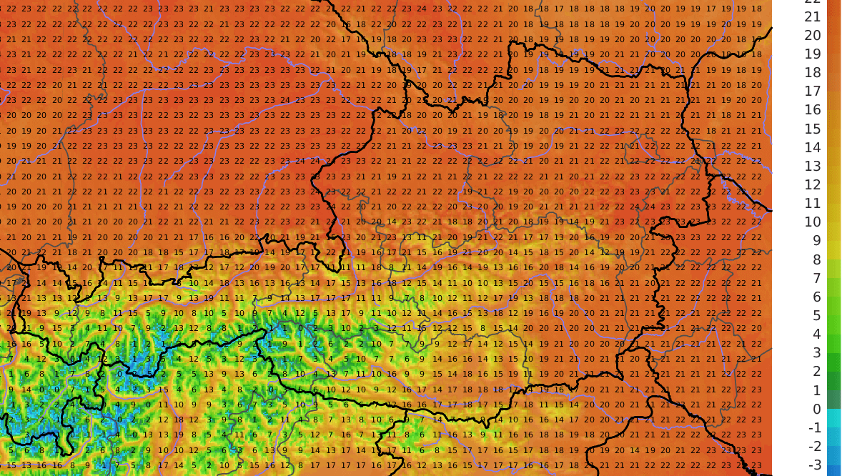 Errechnete Tageshöchsttemperatur in Österreich bis 29. März 2024.