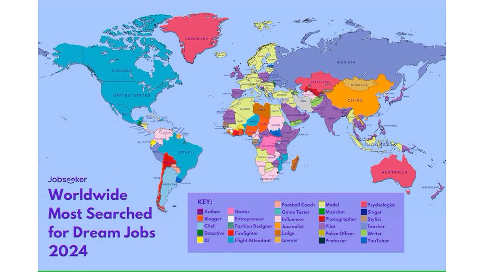 Die ermittelten weltweiten Traumberufe hat Jobseeker übersichtlich in Weltkarten dargestellt.