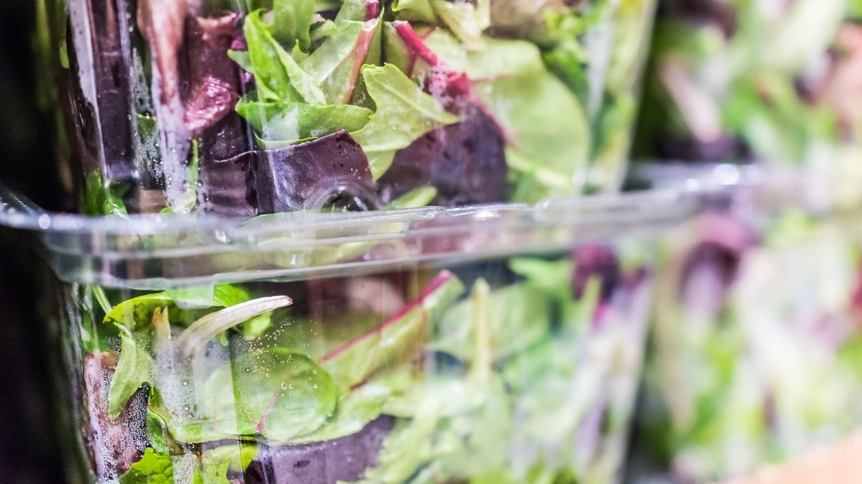 Macro closeup of mixed green salad in boxes on display