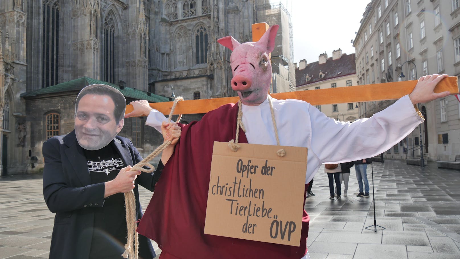 Zum Abschluss bindet der Landwirtschaftsminister Totschnig das Schwein auf das Kreuz und "erlöst" es von seinem Leid.