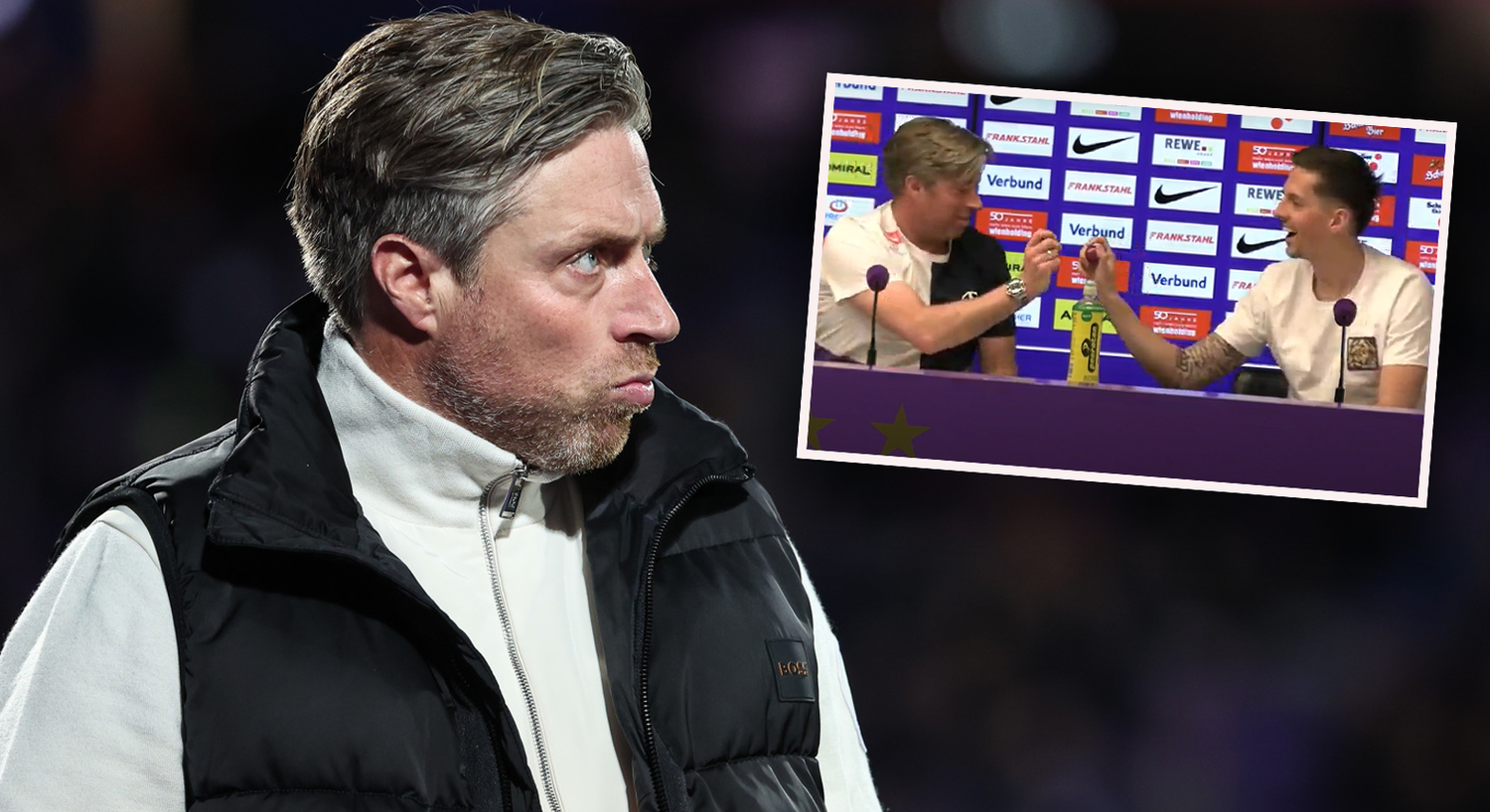 Austria-Trainer Michael Wimmer hat im Eierpecken gegen Johannes Handl verloren.