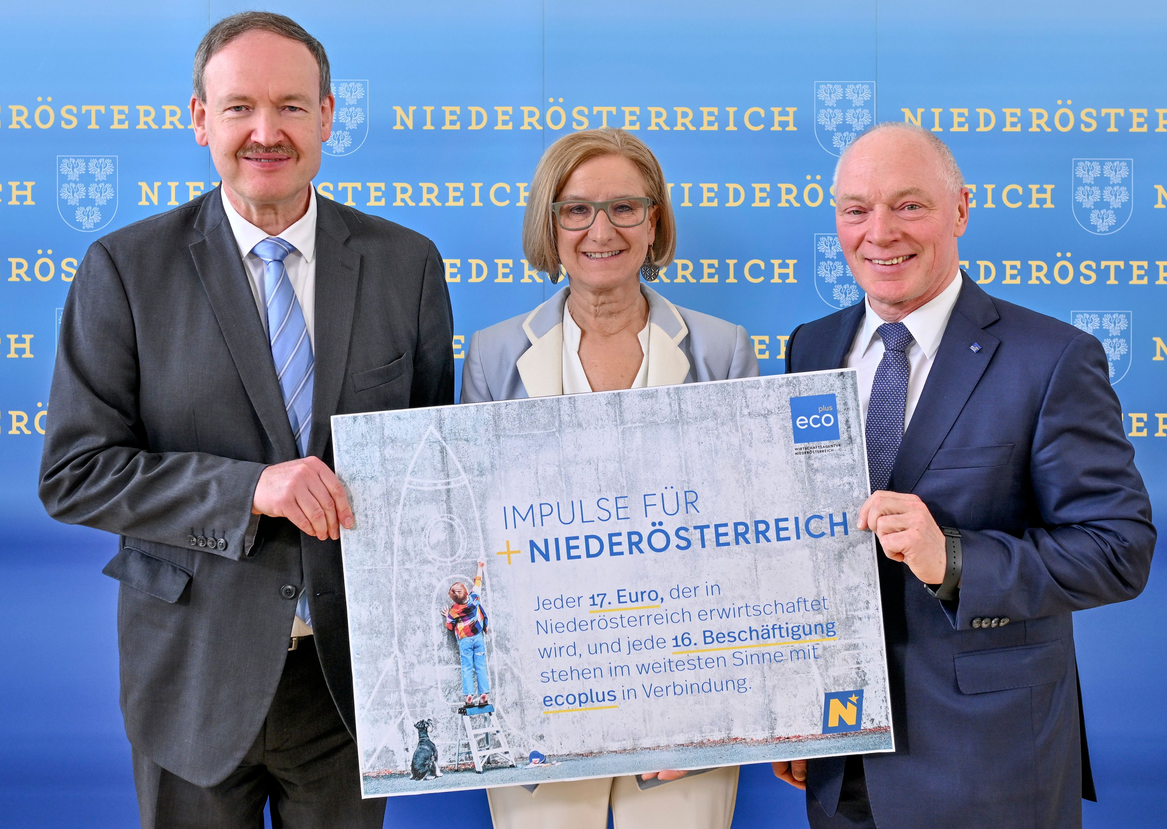Christian Helmenstein, Geschäftsführer Economica Institut für Wirtschaftsforschung, Landeshauptfrau Johanna Mikl-Leitner und ecoplus Geschäftsführer Helmut Miernicki. (v.l.)