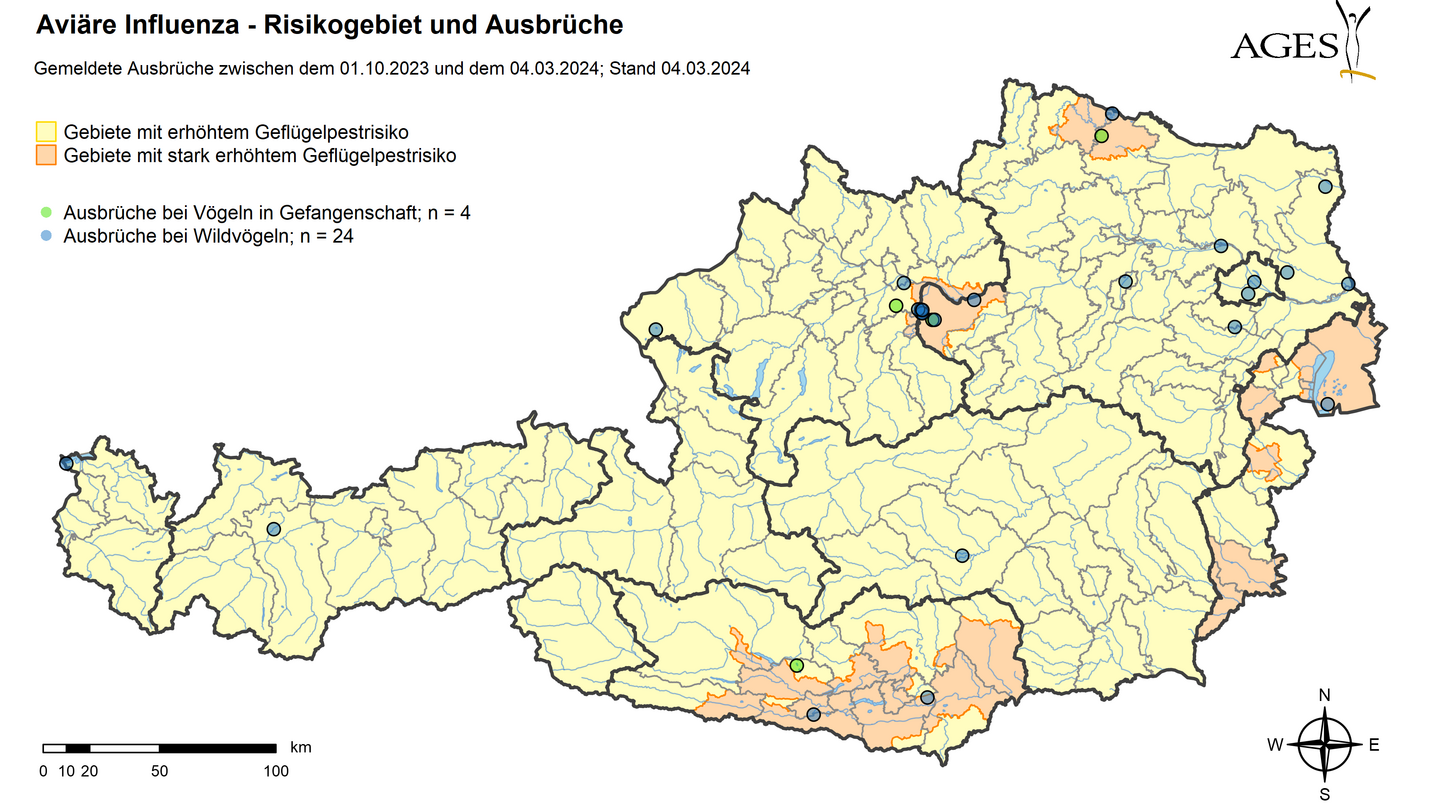 In den orange markierten Gebieten gilt die Stallpflicht für Hausgeflügel.