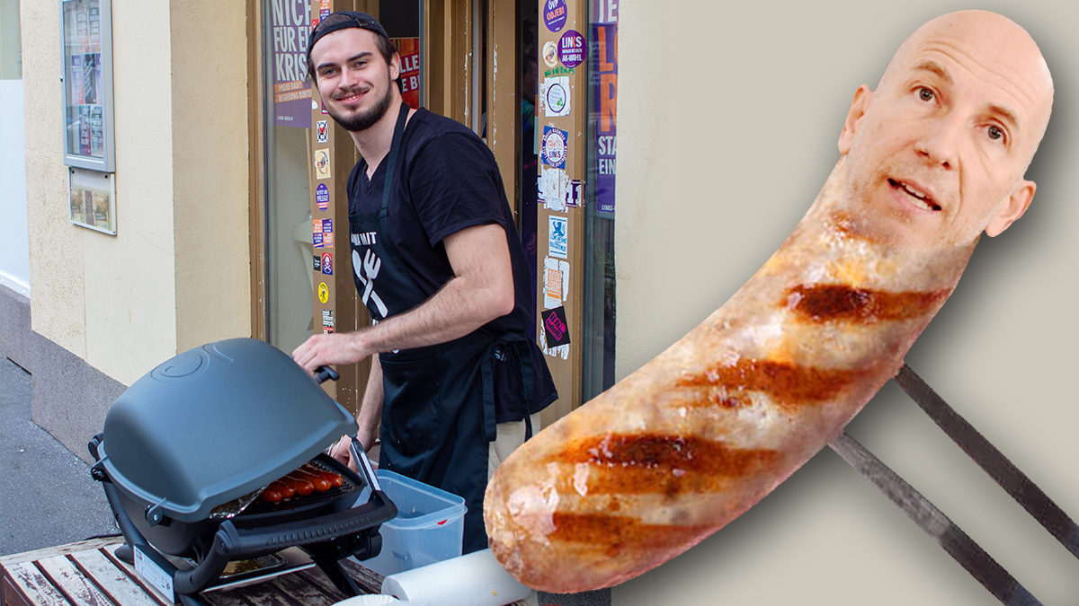 LINKS will Arbeitsminister Kocher zur AK-Wahl grillen, eins ihrer Sujets zeigt ihn als Würschtl.