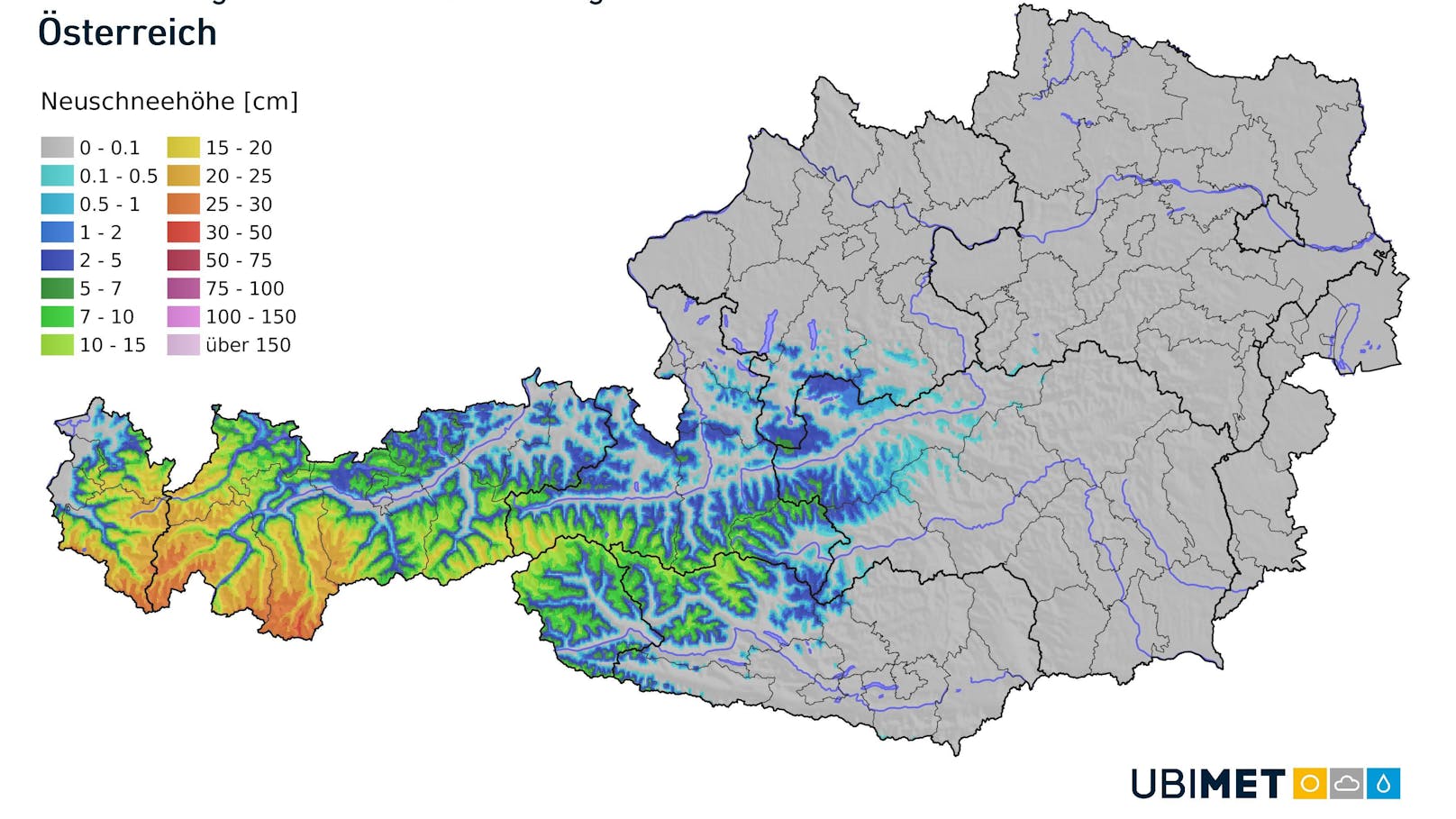 Hier kommt der Schnee nach Österreich zurück. Die Grafik zeigt die erwartete Neuschneesumme bis Mittwochnachmittag.