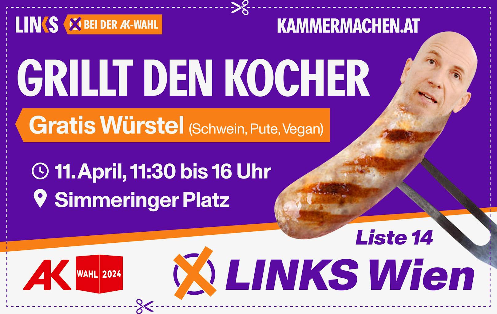 LINKS-Spitzenkandidat Florian Rath will mit gratis Würstel für alle Arbeitsminister Martin Kocher (VP) grillen.