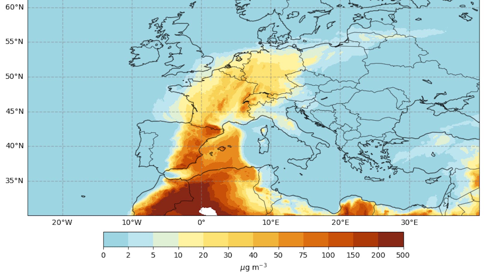 Massen an Saharastaub werden mitsamt heißer Wüstenluft aktuell nach Europa getragen. Die Grafik zeigt die prognostizierte Staubkonzentration in Bodennähe am 7. und 8. April 2024.